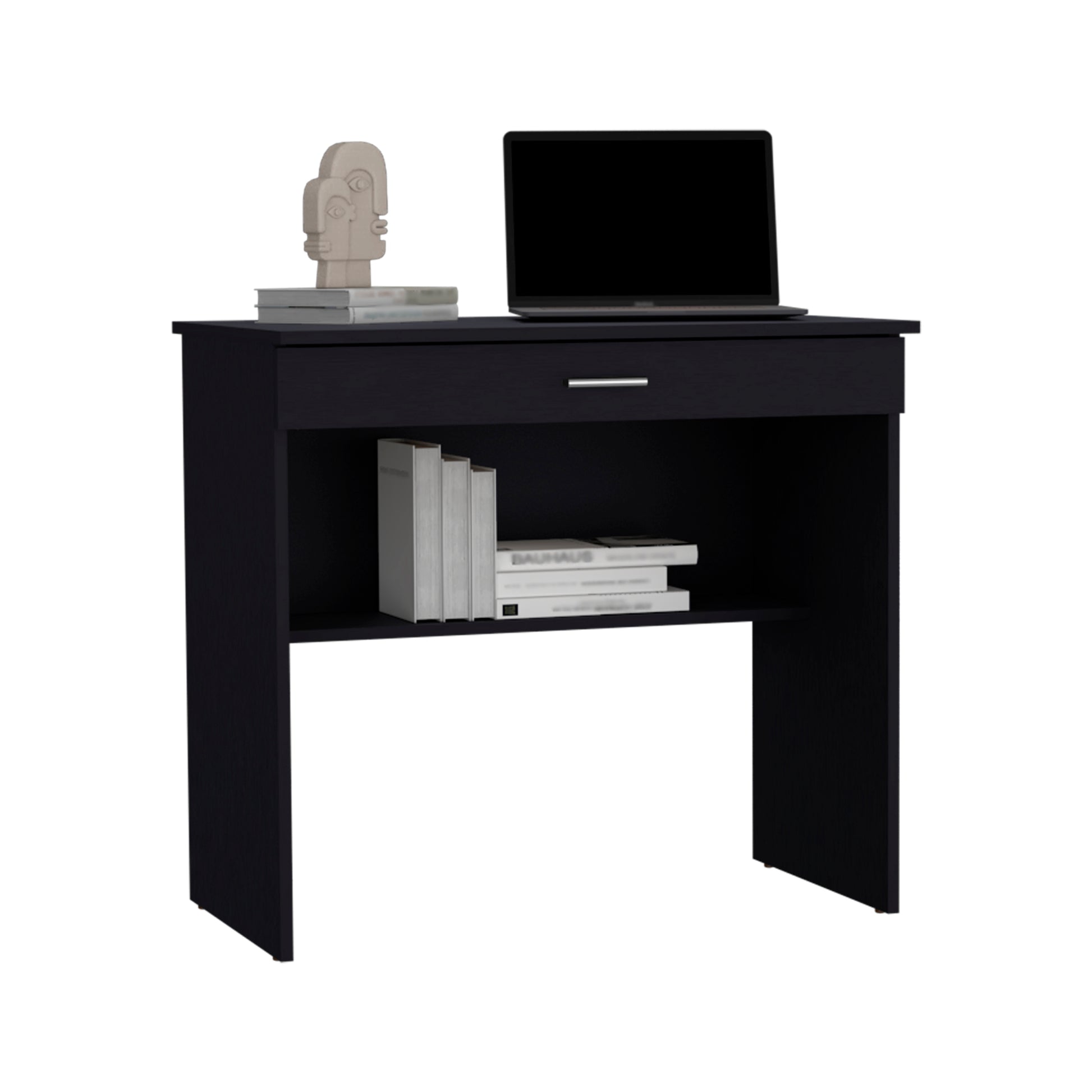 Montana Storage Desk, Spacious Stylish With Drawer And Shelf, Black Black Particle Board Pine