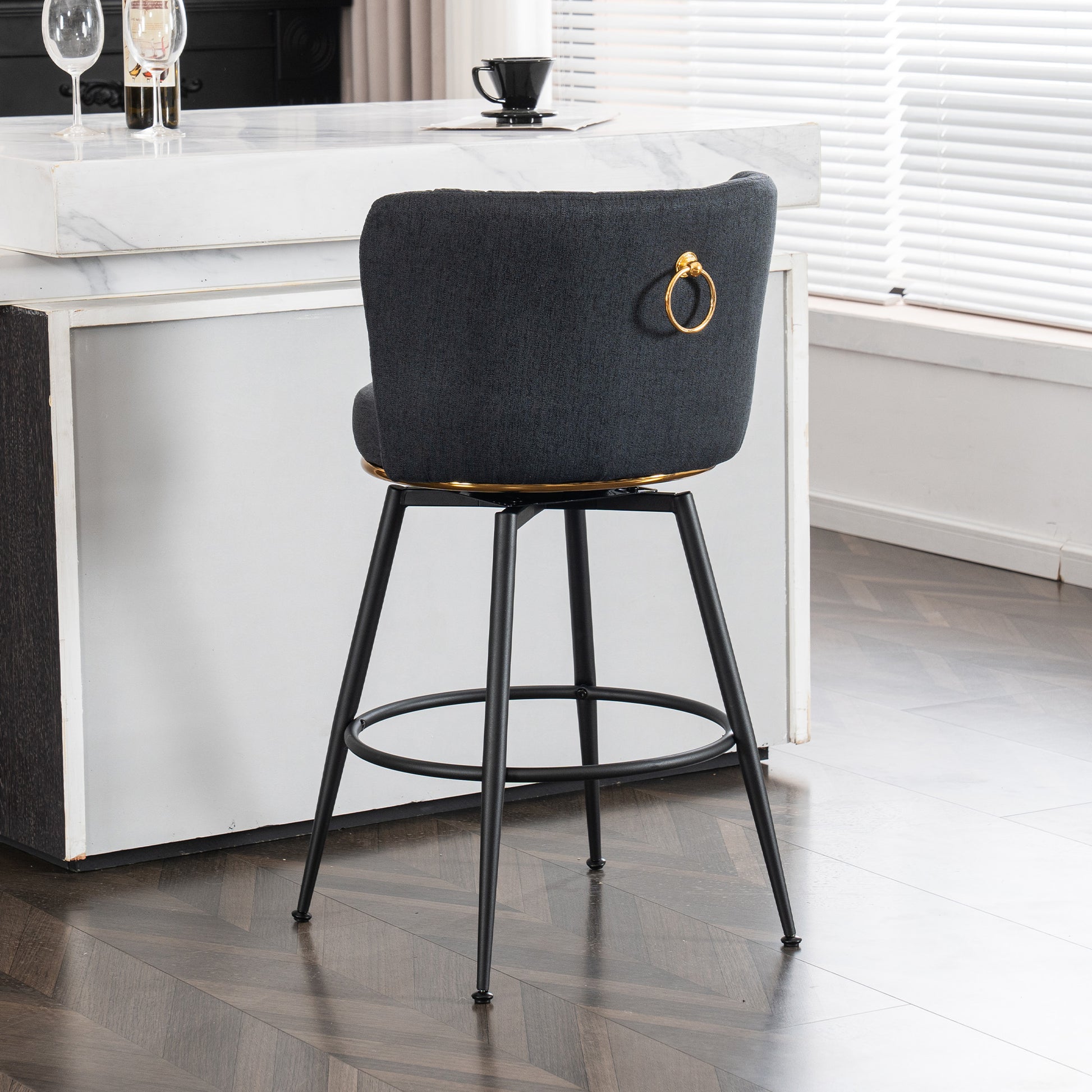 Set Of 2 Gray Swivel Bar Stools High Back, Adjustable, Upholstered With Elegant Metal Back Accents For Kitchen, Bar, Or Dining Room Dark Gray Metal