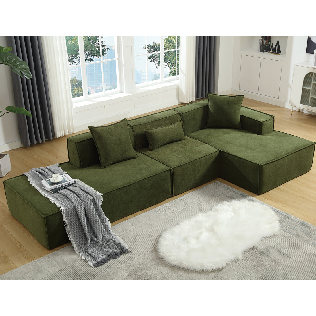 Modular Combination Living Room Sofa Set, Modern Minimalist Sofa, Free Installation Sofa, L Shaped, Italian Minimalist Tofu Block Sofa, Right Hand Facing,Terrycloth Fabric,Green Green Polyester Primary Living Space Soft Modern Polyester 3 Seat