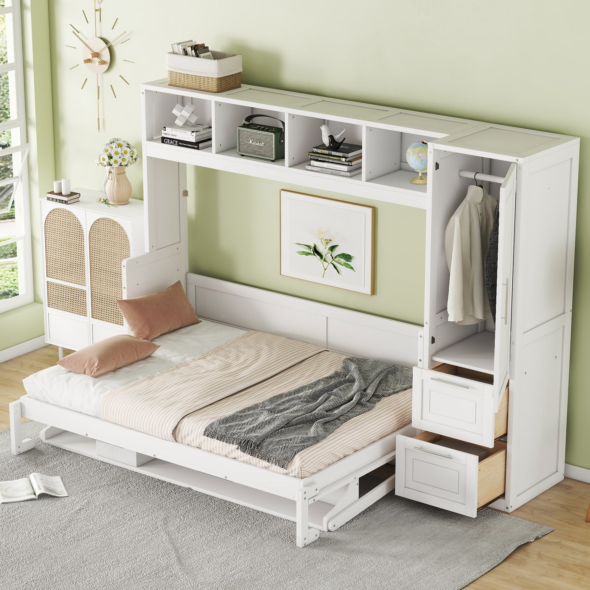Full Size Murphy Bed Wall Bed With Closet And Drawers,White White Mdf Lvl