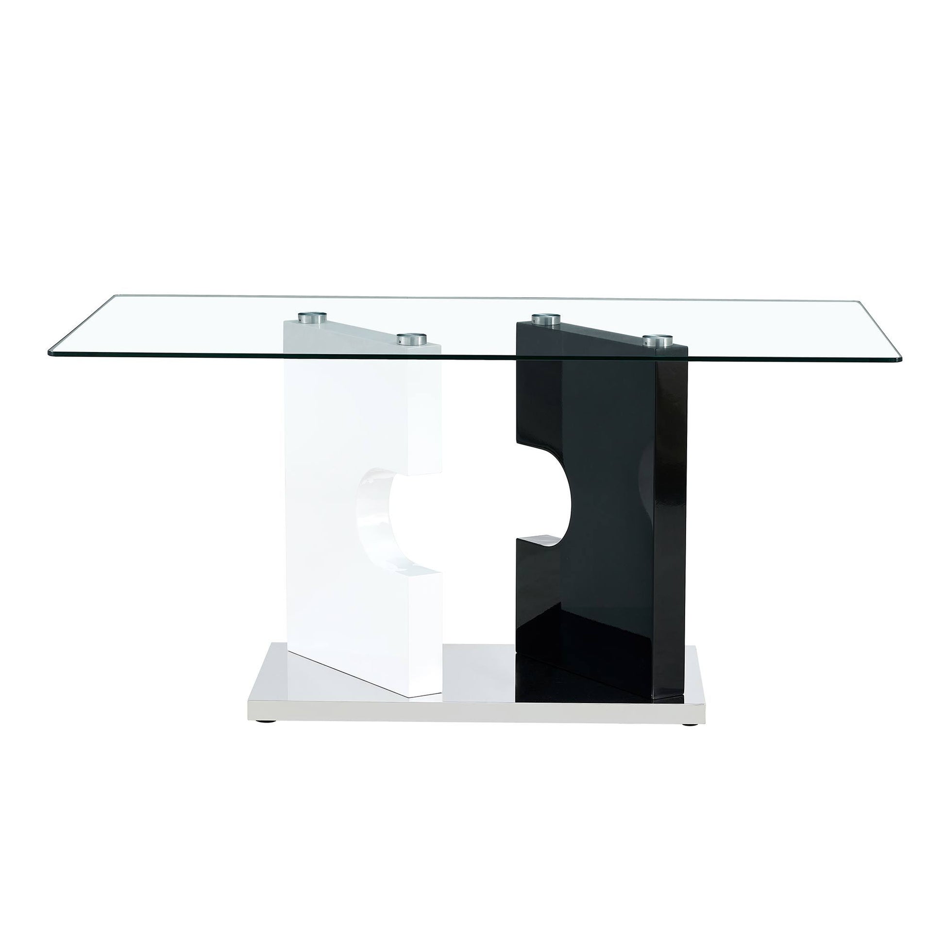 Large Modern Minimalist Rectangular 0.31 "Thick Tempered Glass Dining Table, Suitable For 6 8 People. 6 Pu Synthetic Leather High Backbone Cushioned Side Chairs With C Shaped Silver Metal Legs. C 1162 White Mdf Glass