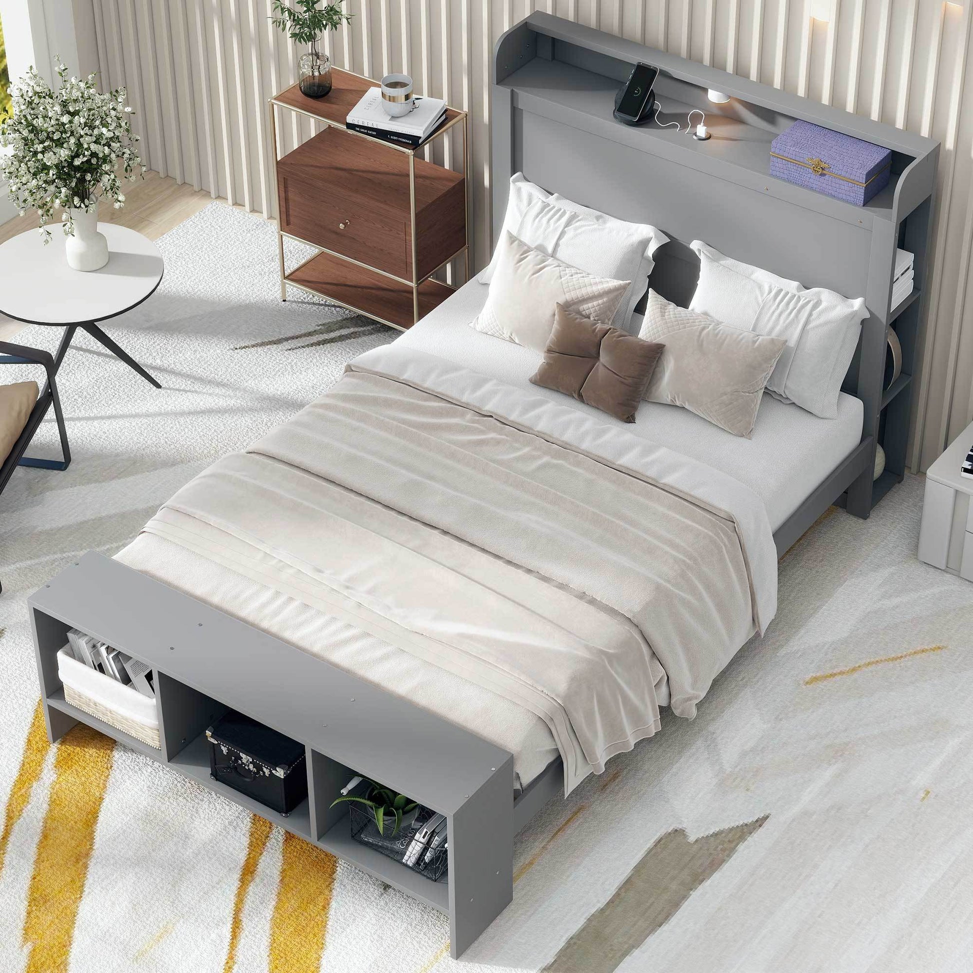 Full Size Platform Bed With Built In Shelves, Led Light And Usb Ports, Gray Gray Mdf Lvl