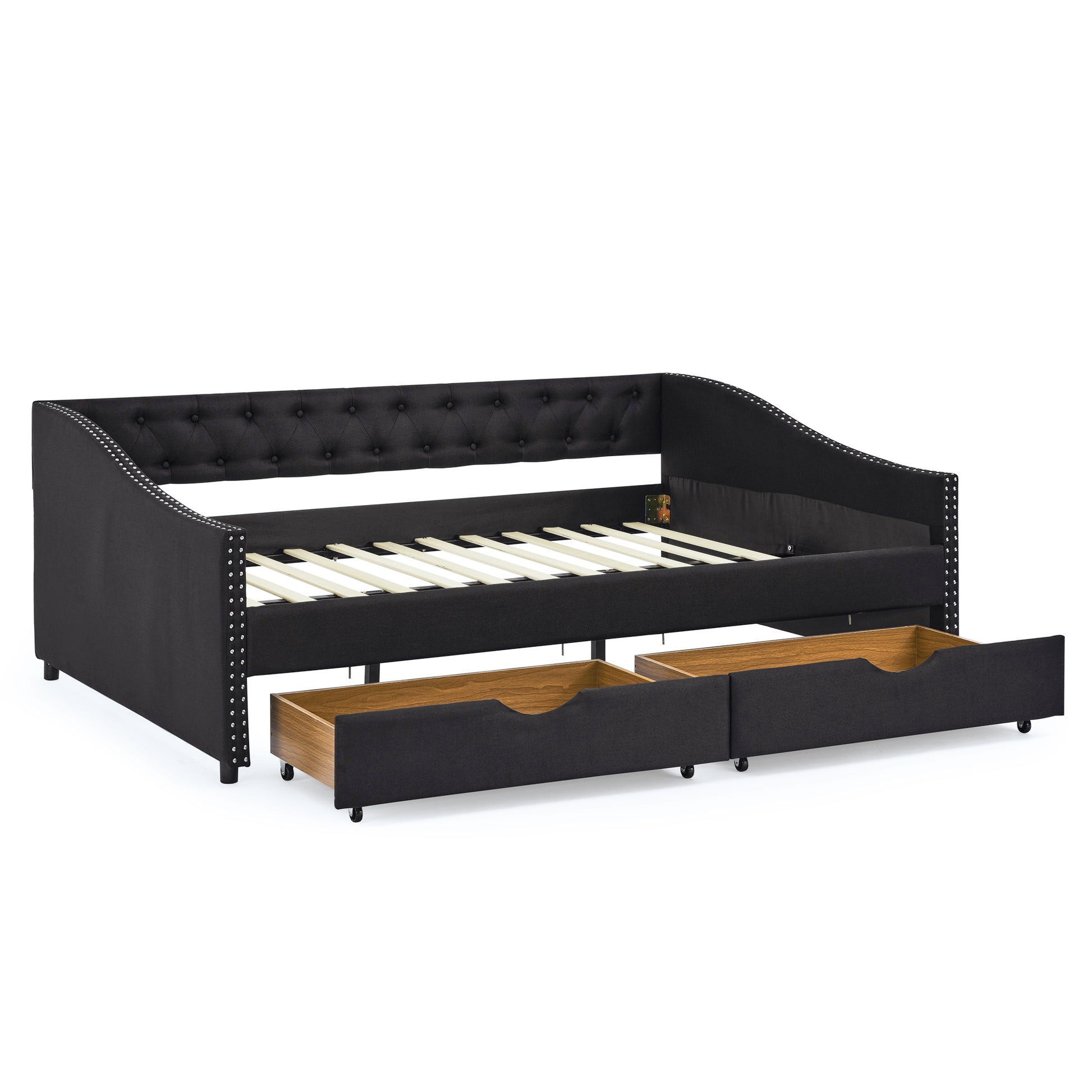 Full Size Daybed With Drawers Upholstered Tufted Sofa Bed, With Button On Back And Copper Nail On Waved Shape Arms 80.5''X55.5''X27.5'' Black Linen