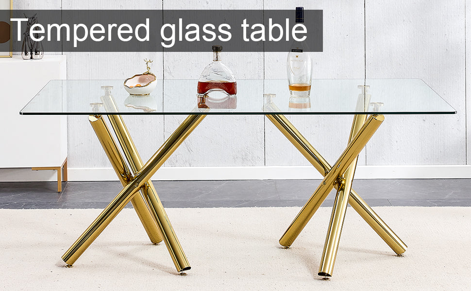 Large Modern Minimalist Rectangular Glass Dining Table For 6 8 With 0.39"Tempered Glass Tabletop And Golden Metal Legs,Kitchen Dining Living Meeting Room Banquet Hall, 71" X 35.4" X 30" 1538 Golden