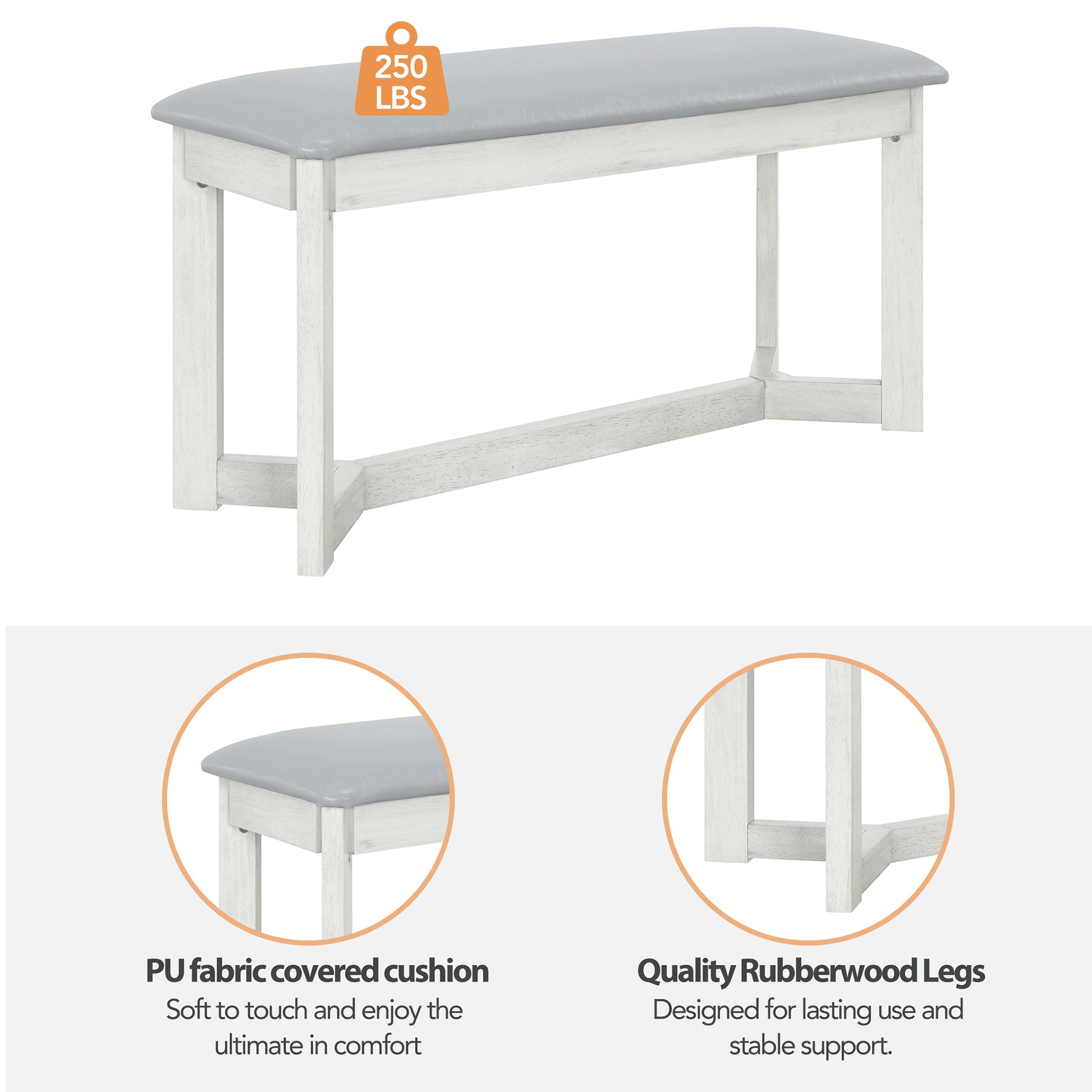 Farmhouse 6 Piece Wood Dining Table Set With 4 Upholstered Chairs And Bench, Gray Gray Wood Dining Room Bench Seating Rubberwood Rectangular Dining Table With Chair And Bench Upholstered Chair Wood Gray Solid Back Seats 6 Farmhouse Trestle Foam Solid
