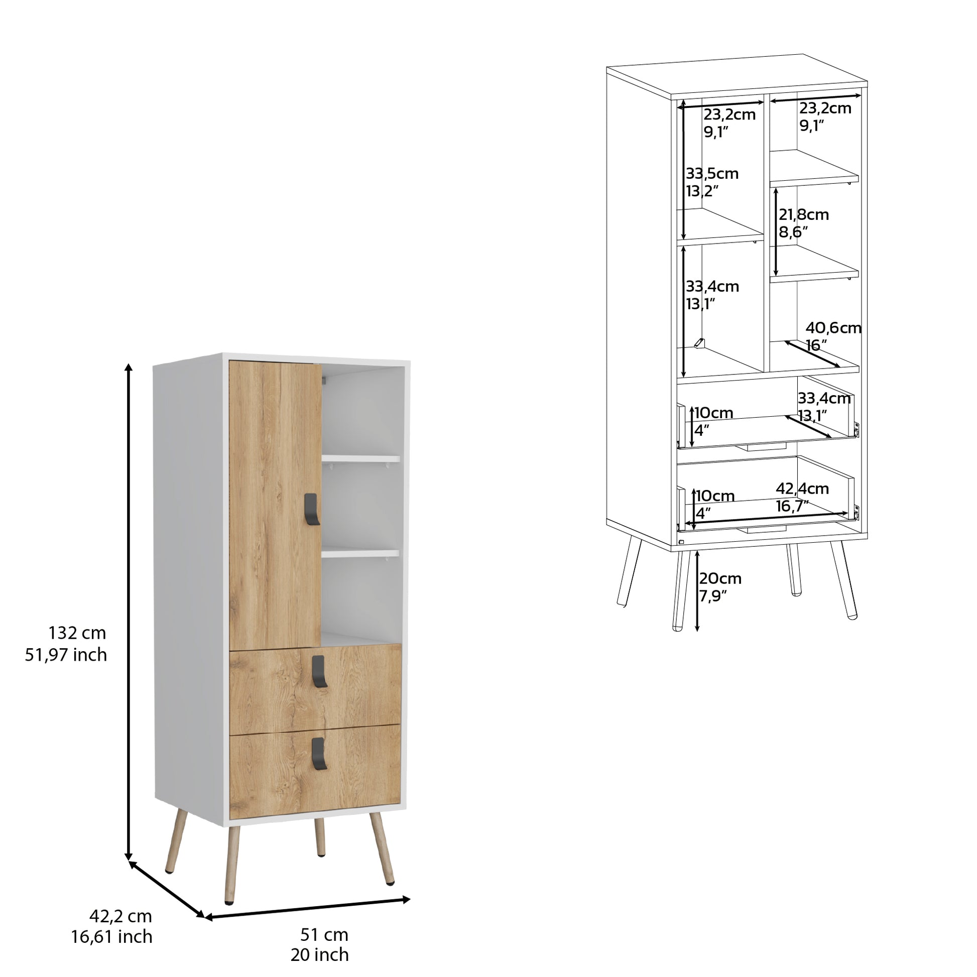 Dresser 52"H Stylish Bedroom Storage Solution With 3 Open Shelves, 2 Drawers, And 1 Door, White Macadamia White Walnut Particle Board Pine