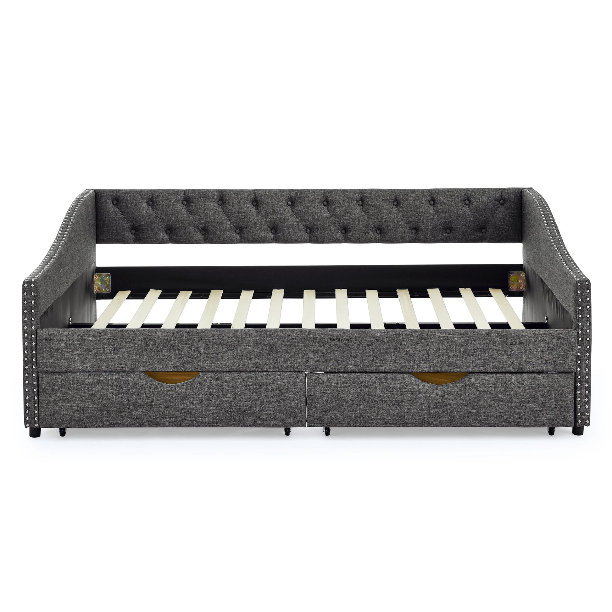 Full Size Daybed With Drawers Upholstered Tufted Sofa Bed, With Button On Back And Copper Nail On Waved Shape Arms 80.5''X55.5''X27.5'' Dark Grey Linen