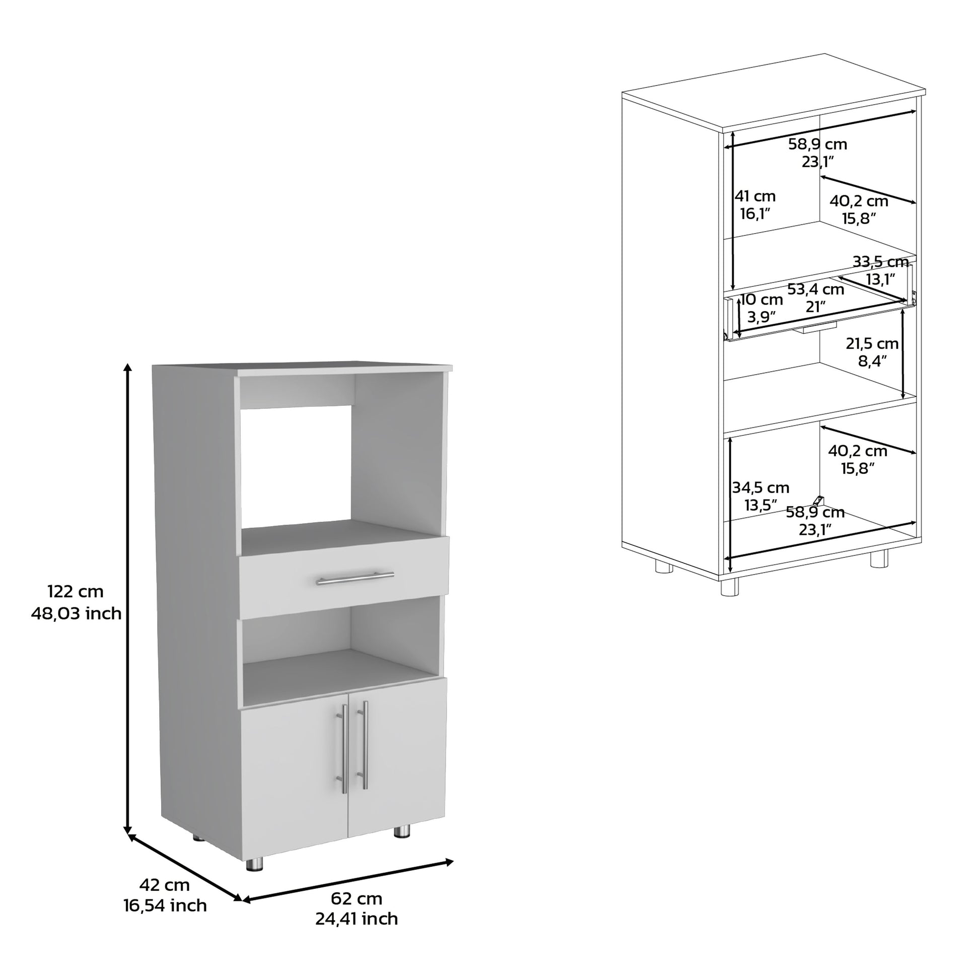 Kitchen Pantry 48" H, Two Open Storage Shelves, One For Microwave, Two Doors, Four Legs, White White Particle Board Pine