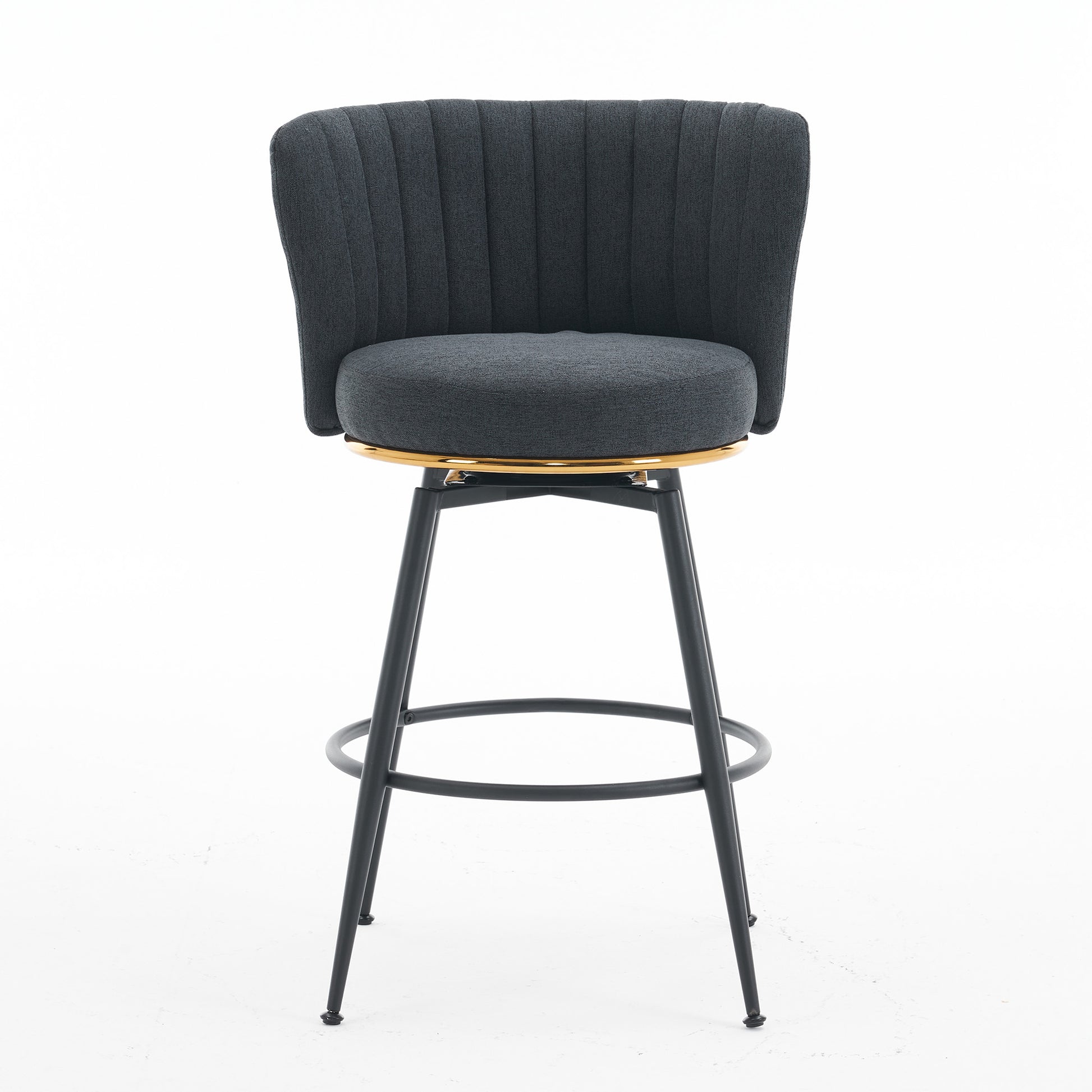 Set Of 2 Gray Swivel Bar Stools High Back, Adjustable, Upholstered With Elegant Metal Back Accents For Kitchen, Bar, Or Dining Room Dark Gray Metal