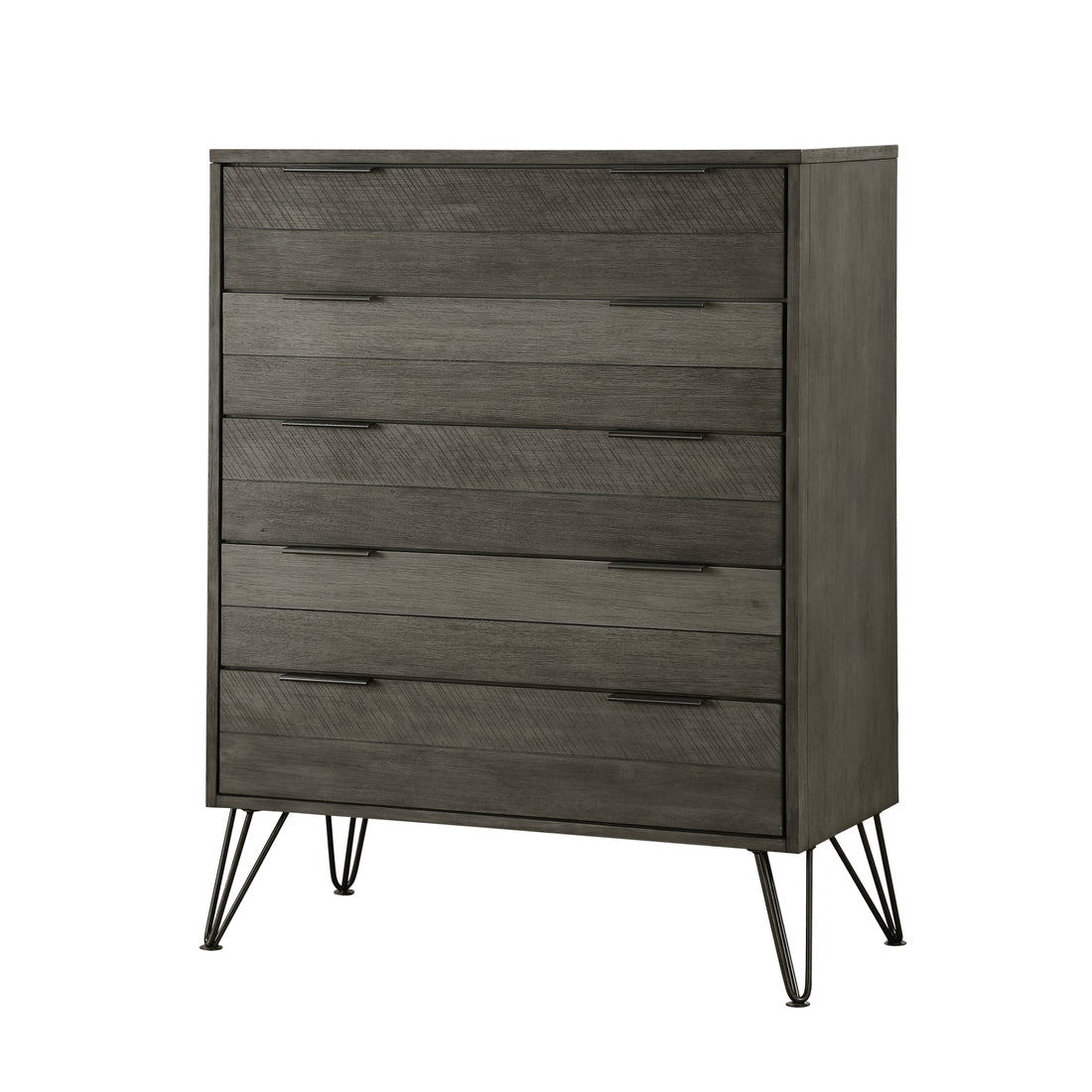 Contemporary Three Tone Gray Finish Chest Of Drawers Perched Atop Metal Legs Acacia Veneer Modern Bedroom Furniture Gray Bedroom Wood