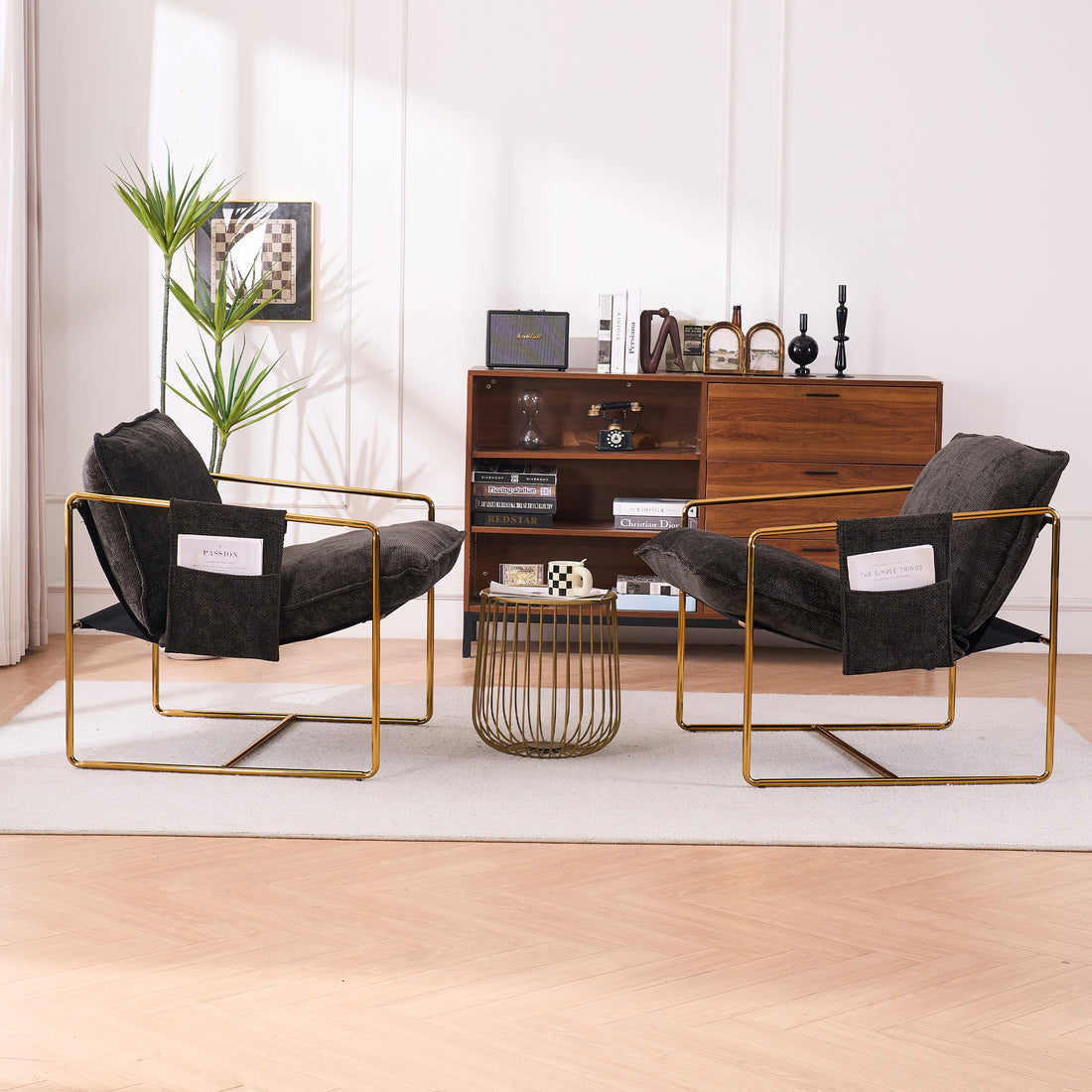 2 Chairs In 1 Box, Upholstered Hanging Armchair With Arm Pocketsmetal Frame, Gold Plated Craftsman, Crushed Foam Cushions And Skin Friendly Woven Fabric For Living Room And Bedroom. Dark Gray Dark Gray Metal