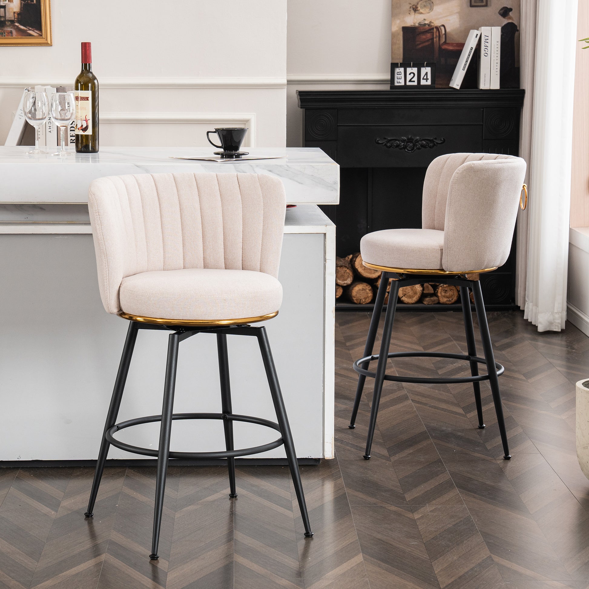 Set Of 2 Beige Swivel Bar Stools High Back, Adjustable, Upholstered With Elegant Metal Back Accents For Kitchen, Bar, Or Dining Room Beige Metal