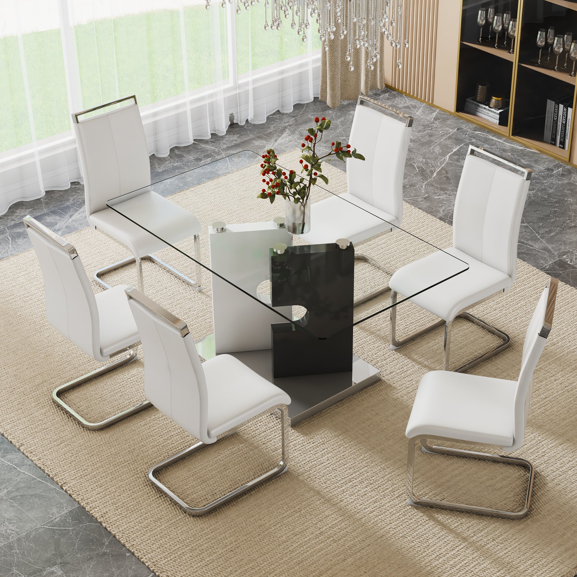 Large Modern Minimalist Rectangular 0.31 "Thick Tempered Glass Dining Table, Suitable For 6 8 People. 6 Pu Synthetic Leather High Backbone Cushioned Side Chairs With C Shaped Silver Metal Legs. C 1162 White Mdf Glass