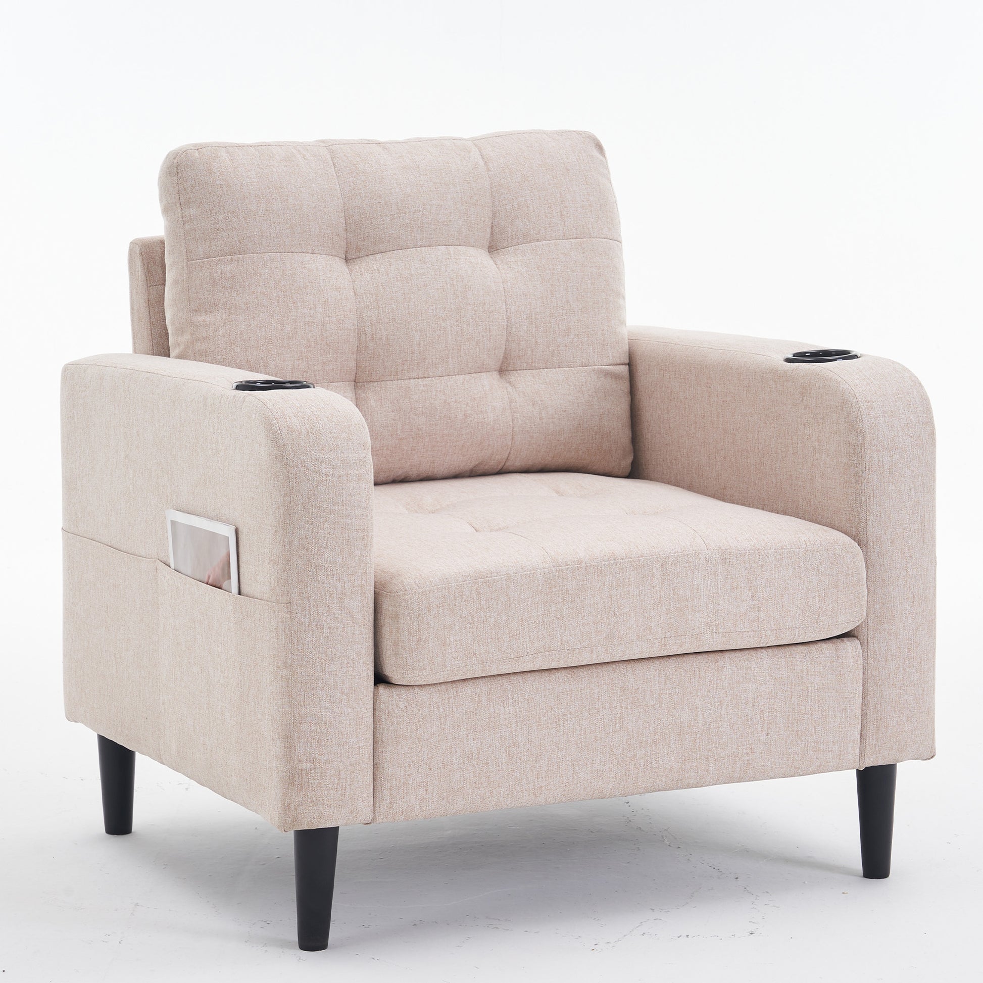 Beige Upholstered Armchair And Storage Ottoman Set Comfortable Single Sofa With Cup Holders And Tufted Detailing, Ideal For Living Room Or Bedroom Beige Metal