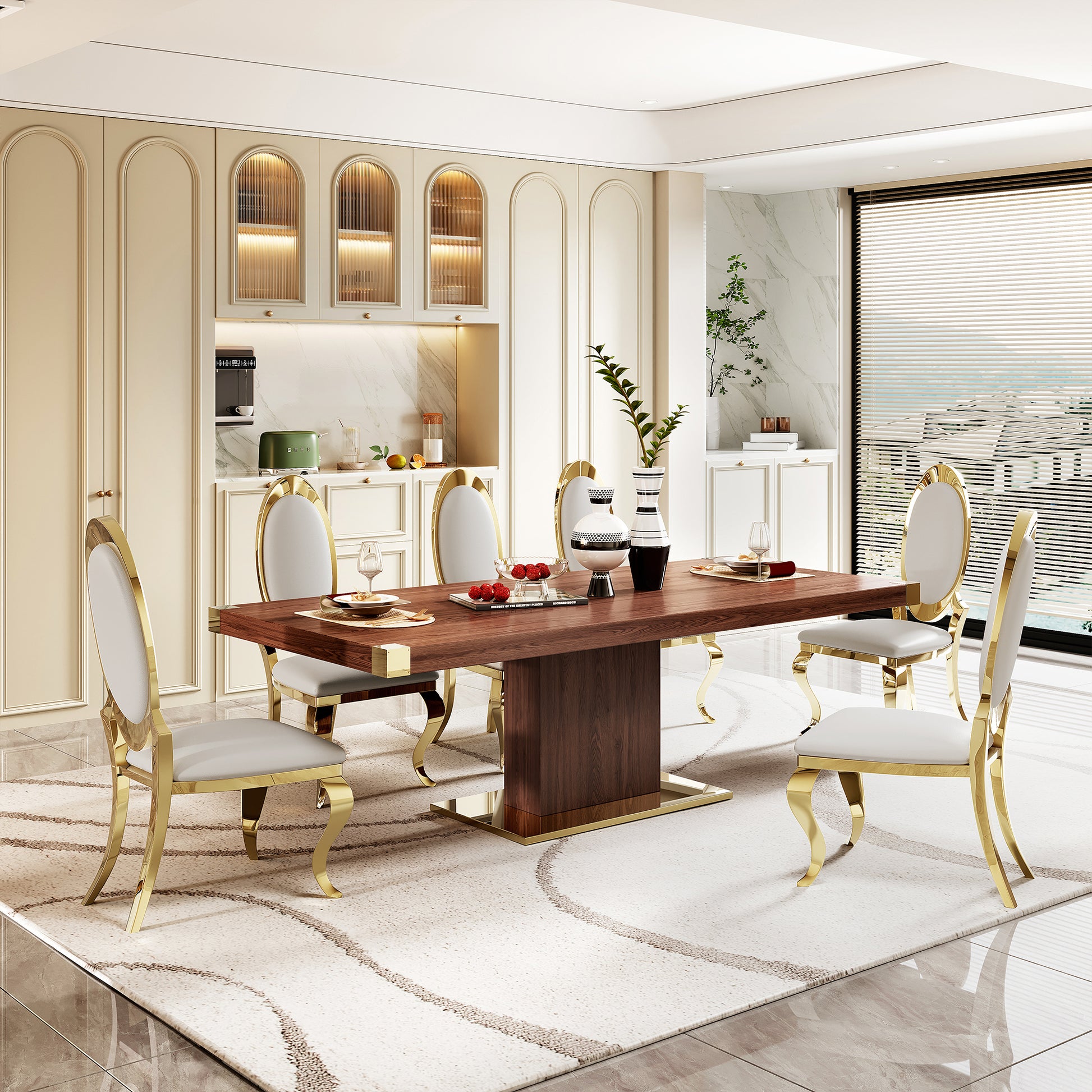 Mdf Top Dining Table With Gold Finish Corner, Mdf Pillar And Gold Finish Stainless Steel Base Walnut Brown Mdf