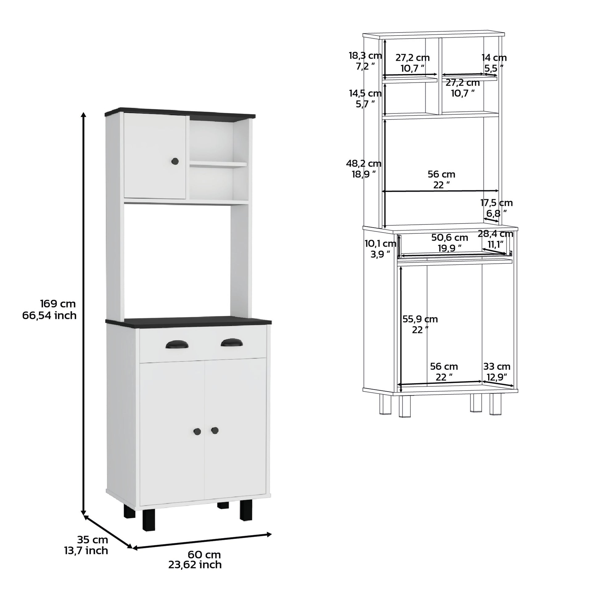 Depot E Shop Waco 67" H Kitchen Pantry With Two Cabinets, Two Open Shelves, And One Drawer,White Black White Black Primary Living Space Modern Particle Board Pine