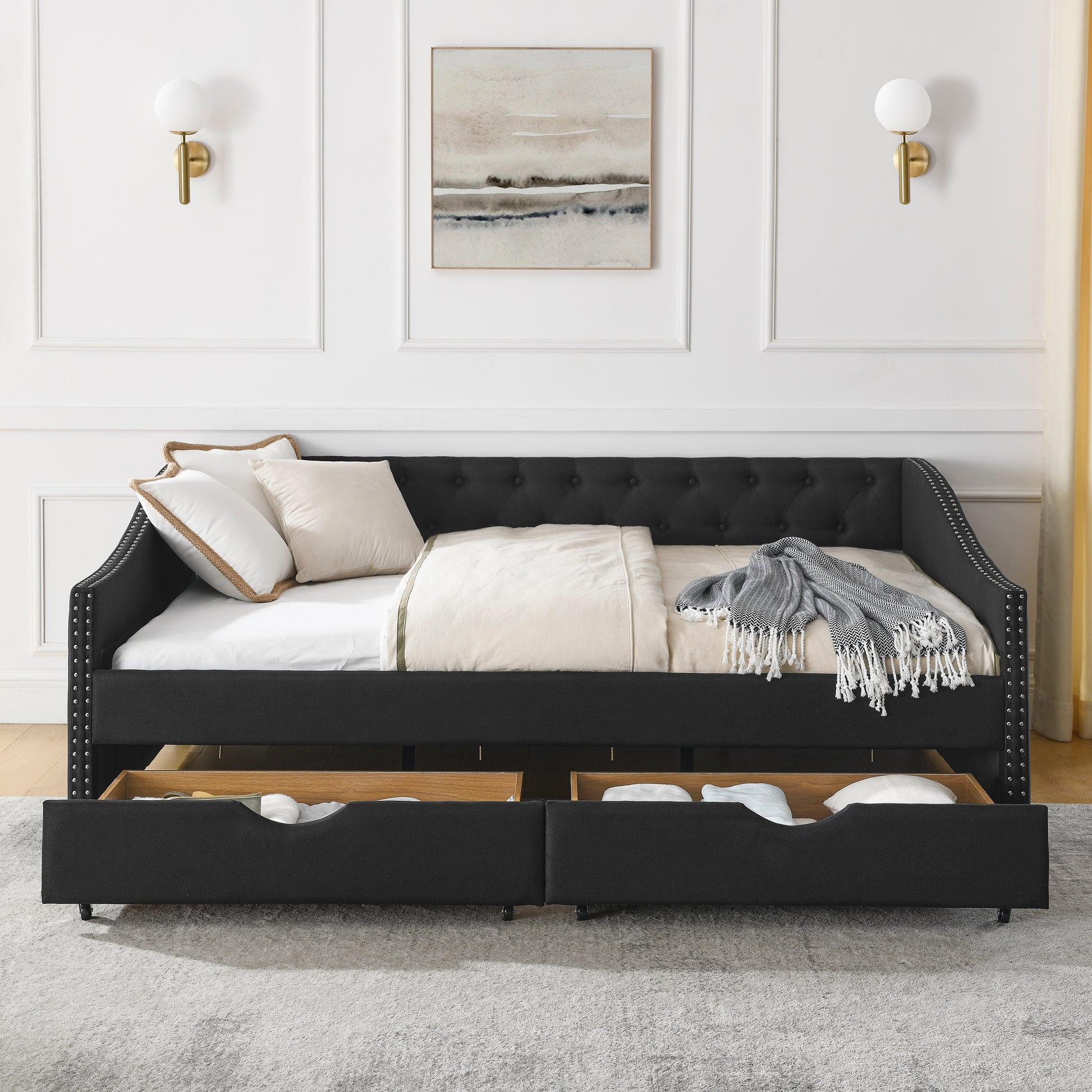 Full Size Daybed With Drawers Upholstered Tufted Sofa Bed, With Button On Back And Copper Nail On Waved Shape Arms 80.5''X55.5''X27.5'' Black Linen