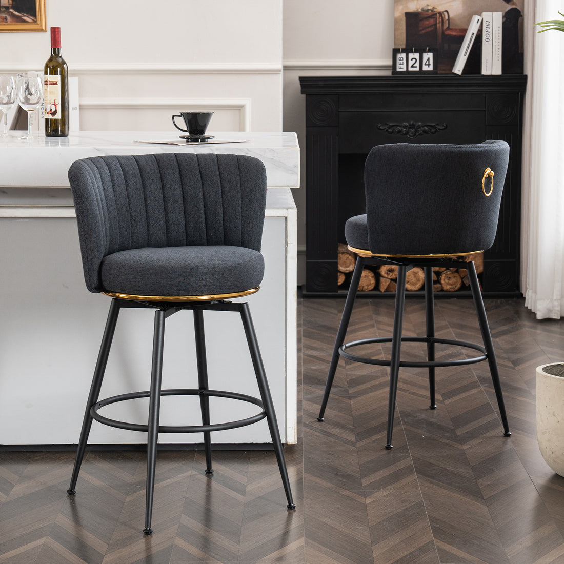 Set Of 2 Gray Swivel Bar Stools High Back, Adjustable, Upholstered With Elegant Metal Back Accents For Kitchen, Bar, Or Dining Room Dark Gray Metal