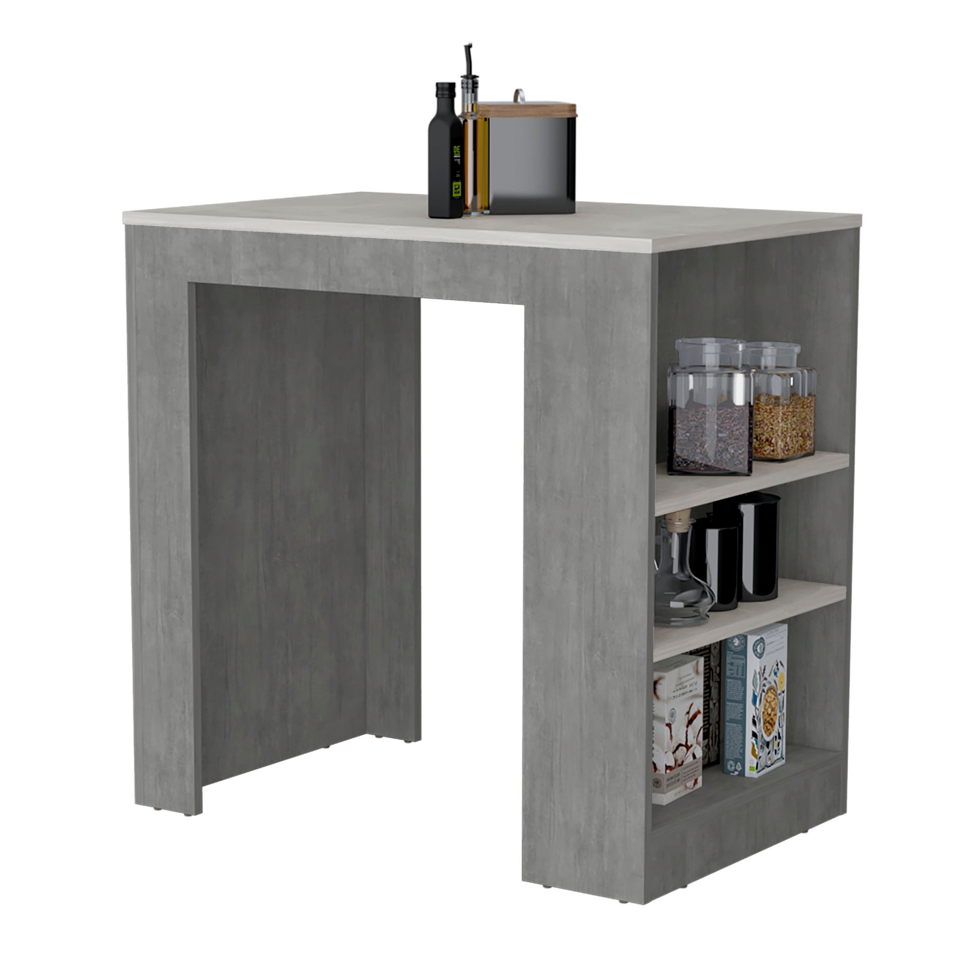 Kitchen Island, Kitchen Bar Table 36" H, 3 Side Shelves, Concrete Gray Ibiza Marble Light Grey Multi Particle Board Pine