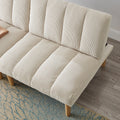 Corduroy Fabric, Wooden Legs Convertible Sofa Bed Color:Beige White Corduroy 3 Seat