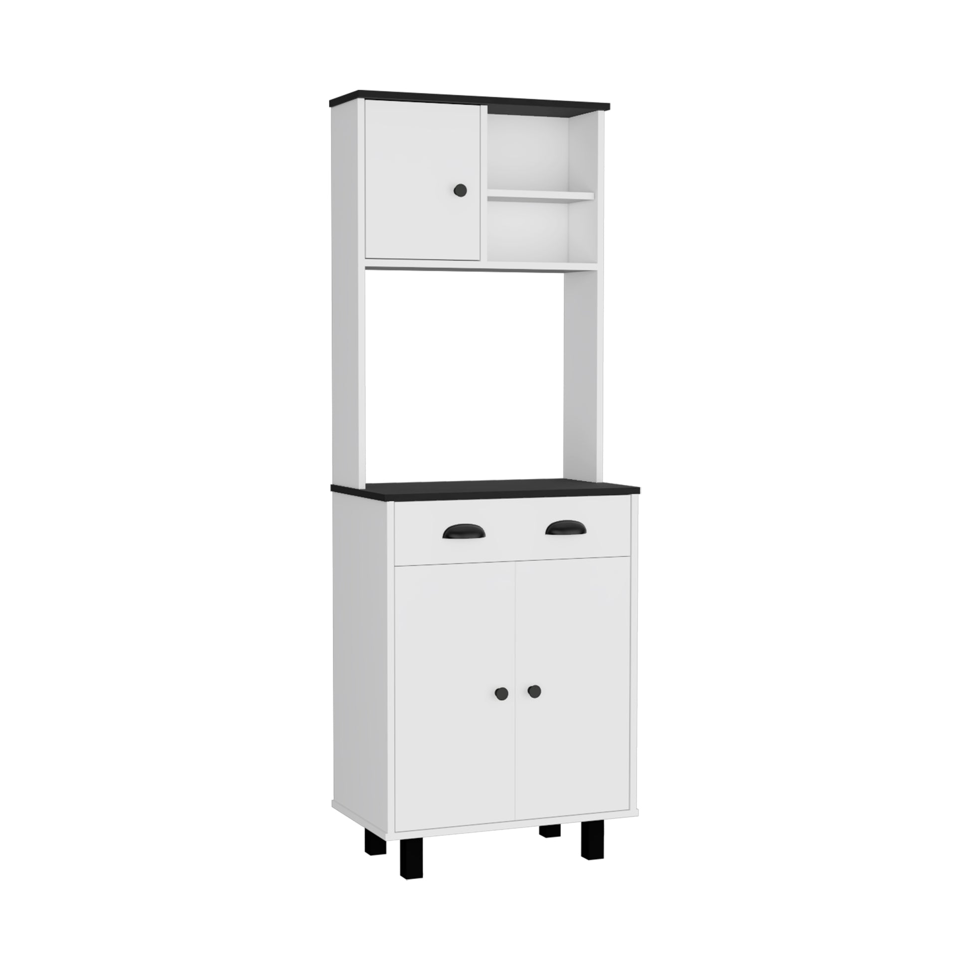 Waco 67" H Kitchen Pantry With Two Cabinets, Two Open Shelves, And One Drawer,White Black White Black Particle Board Pine