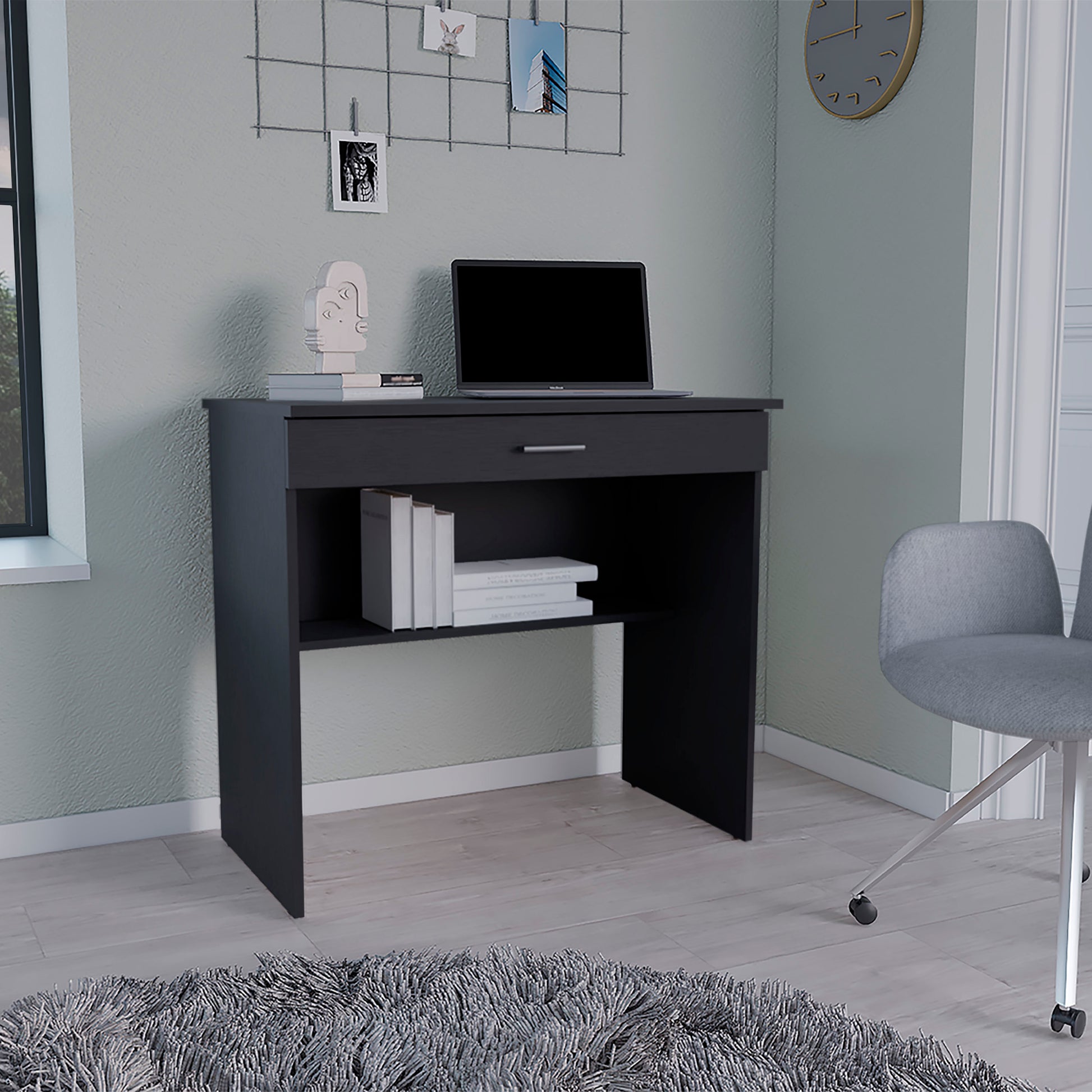 Montana Storage Desk, Spacious Stylish With Drawer And Shelf, Black Black Particle Board Pine