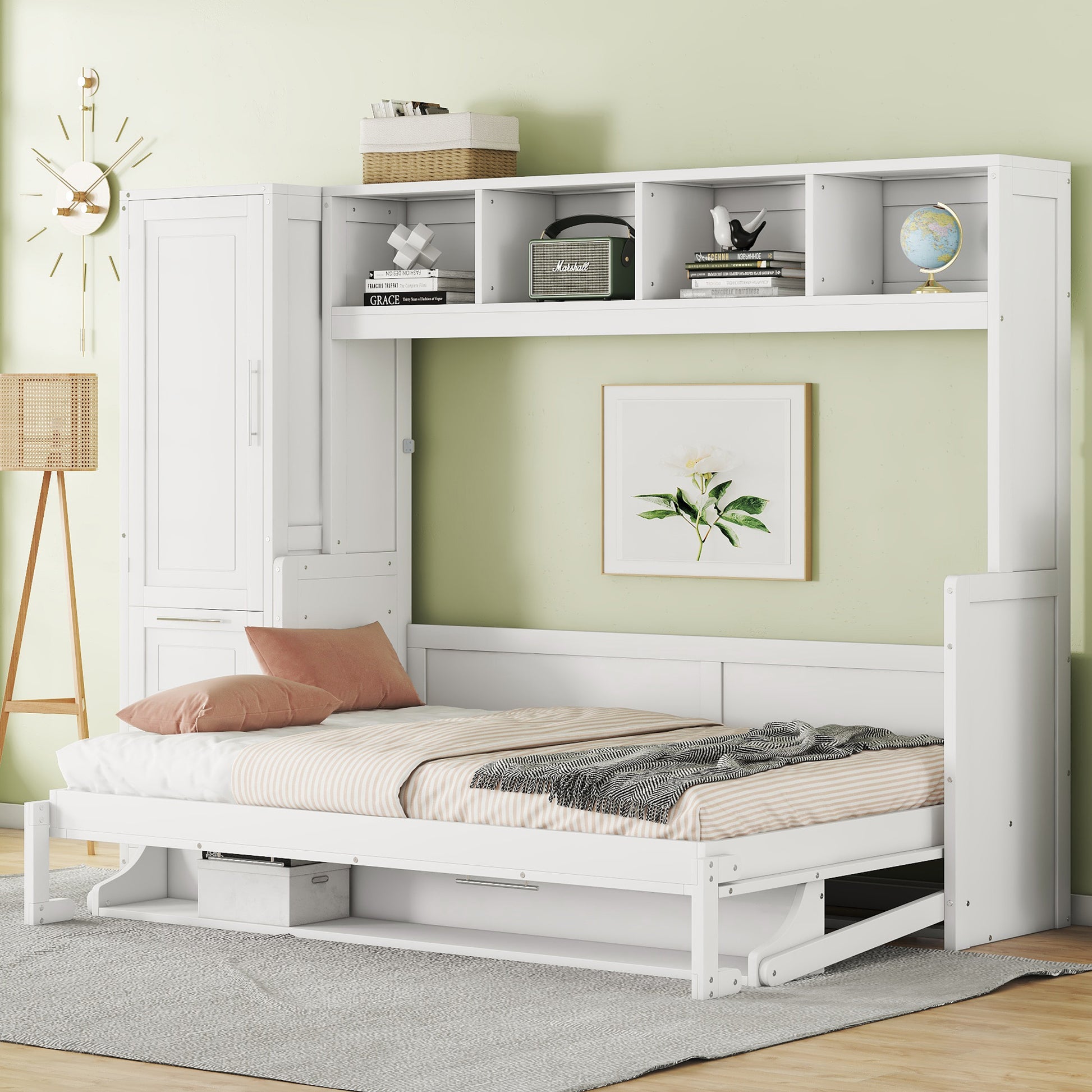 Full Size Murphy Bed Wall Bed With Closet And Drawers,White White Mdf Lvl