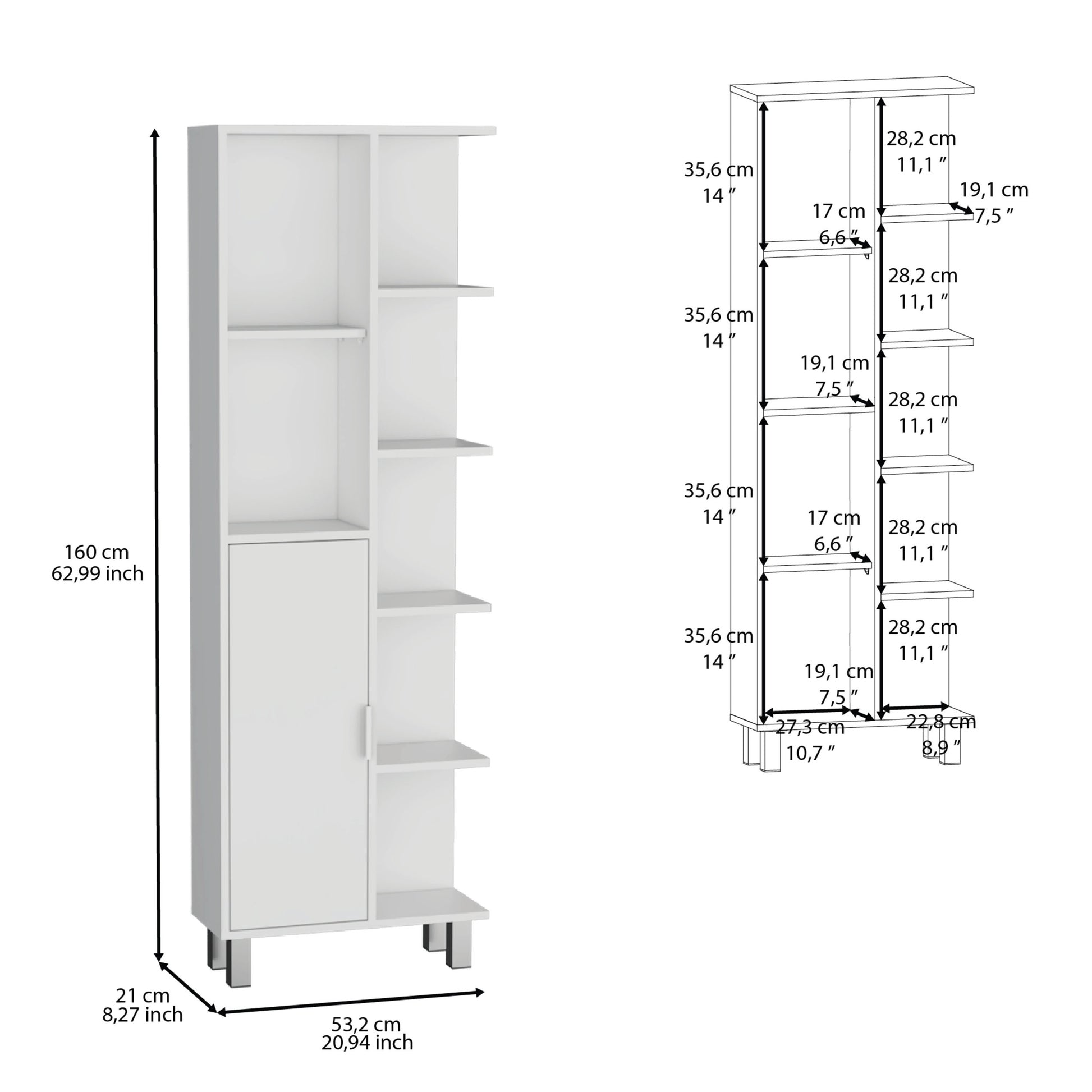 Depot E Shop Mott 63" H Linen Bathroom Cabinet With Seven Open Shelves, One Drawer And Four Legs,White White Particle Board Pine