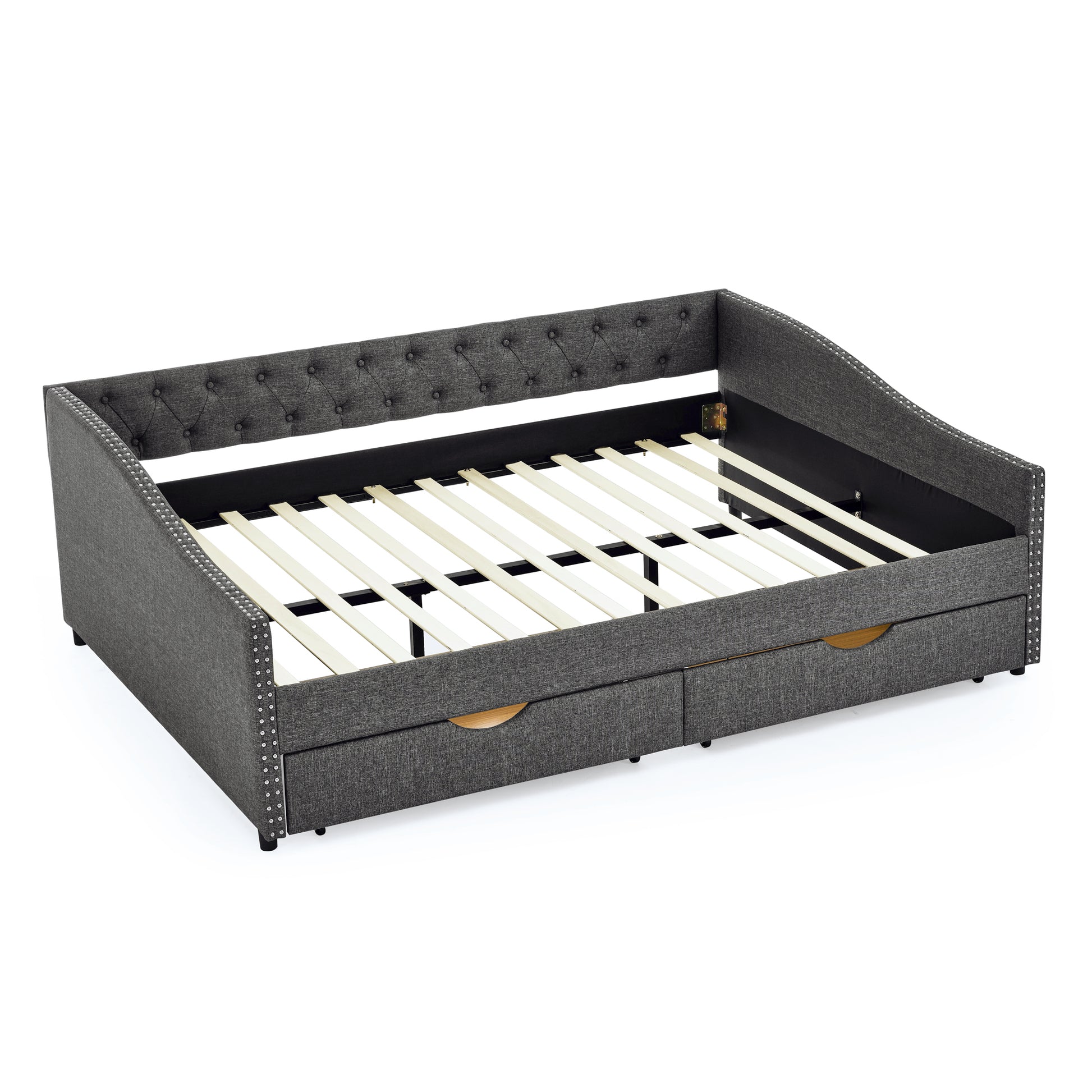 Queen Size Daybed With Drawers Upholstered Tufted Sofa Bed,With Button On Back And Copper Nail On Waved Shape Arms 84.5"X63.5"X26.5" Dark Grey Linen