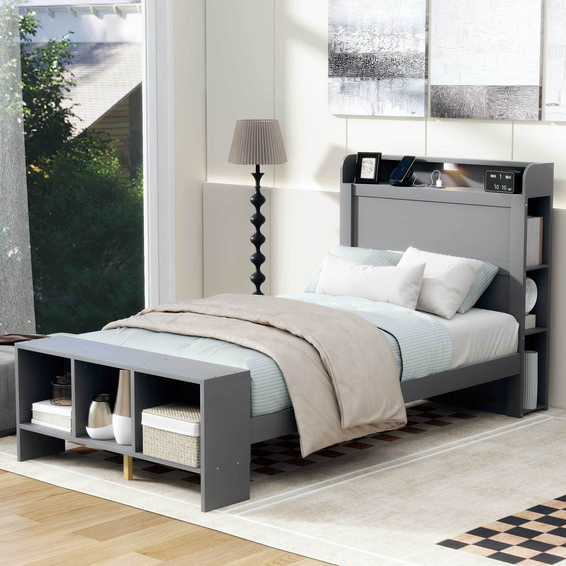 Twin Size Platform Bed With Built In Shelves, Led Light And Usb Ports, Gray Gray Mdf Lvl