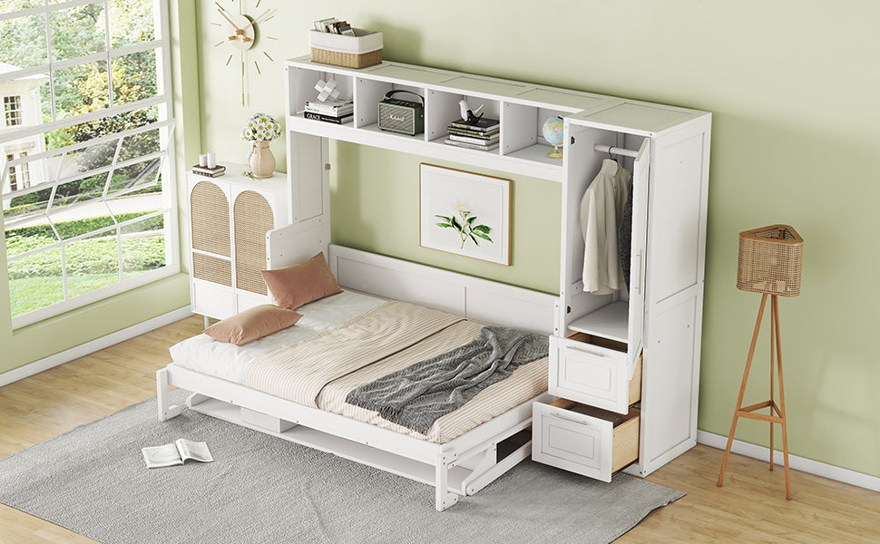 Full Size Murphy Bed Wall Bed With Closet And Drawers,White White Mdf Lvl