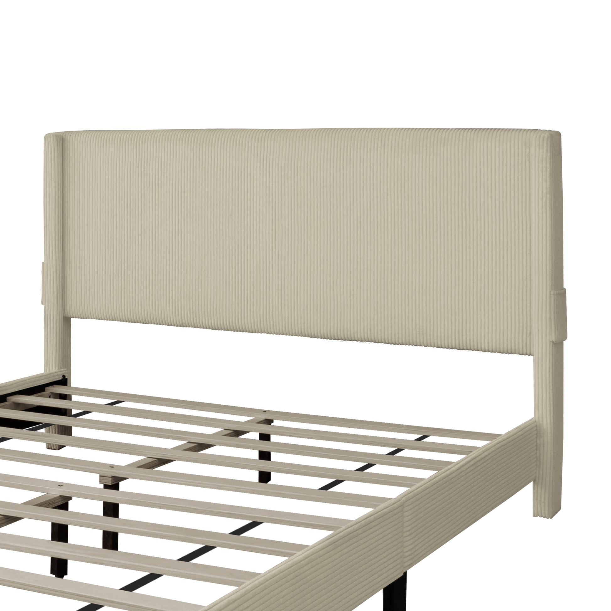 Corduroy Velvet Queen Footboard Drawer Storage Upholstered Wingback Bed No Box Spring Require Beige White Box Spring Not Required Queen Beige Wood Espresso Bedroom American Design,Casual,Contemporary,Cute,Modern Rubberwood Storage Included Fiber Foam And