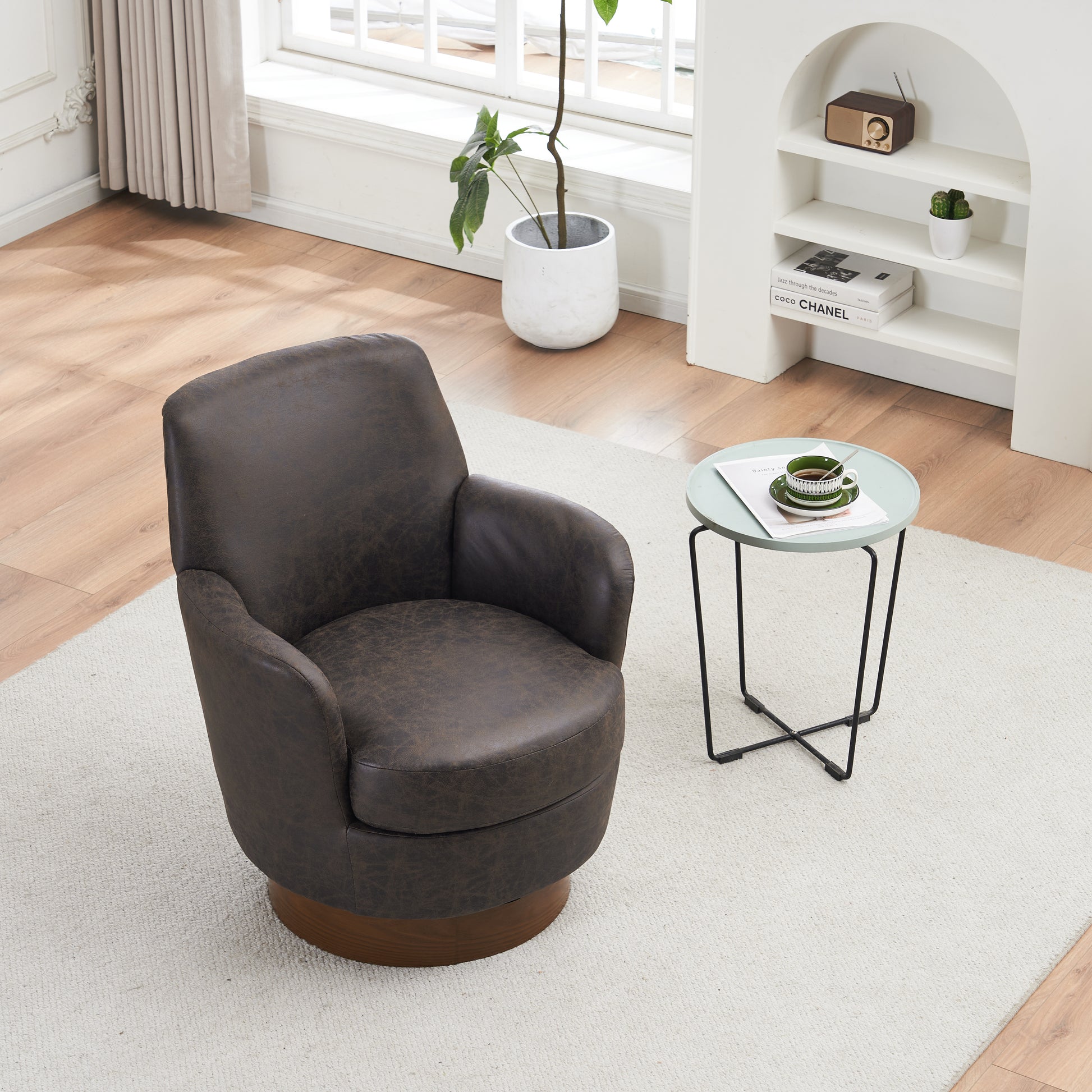 Pu Leather Swivel Barrel Chair, Swivel Accent Chairs Armchair For Living Room, Reading Chairs For Bedroom Comfy, Round Barrel Chairs With Gold Stainless Steel Base Brown Brown Primary Living Space