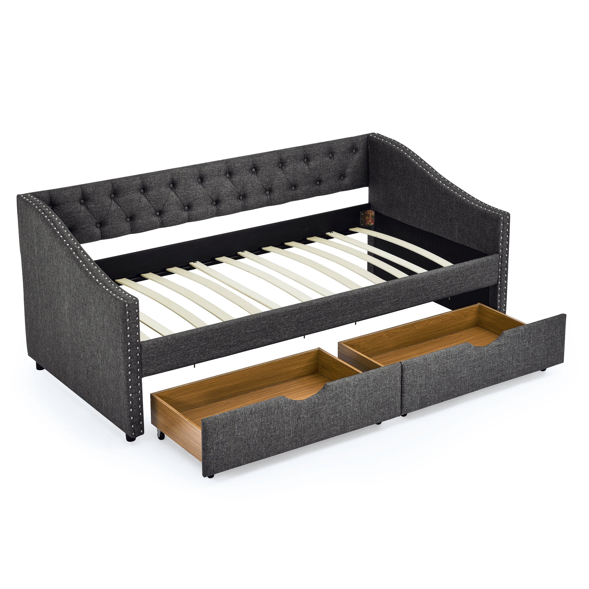 Twin Size Daybed With Drawers Upholstered Tufted Sofa Bed, With Button On Back And Copper Nail On Waved Shape Arms 81.5''X4''X30.5'' Dark Grey Linen