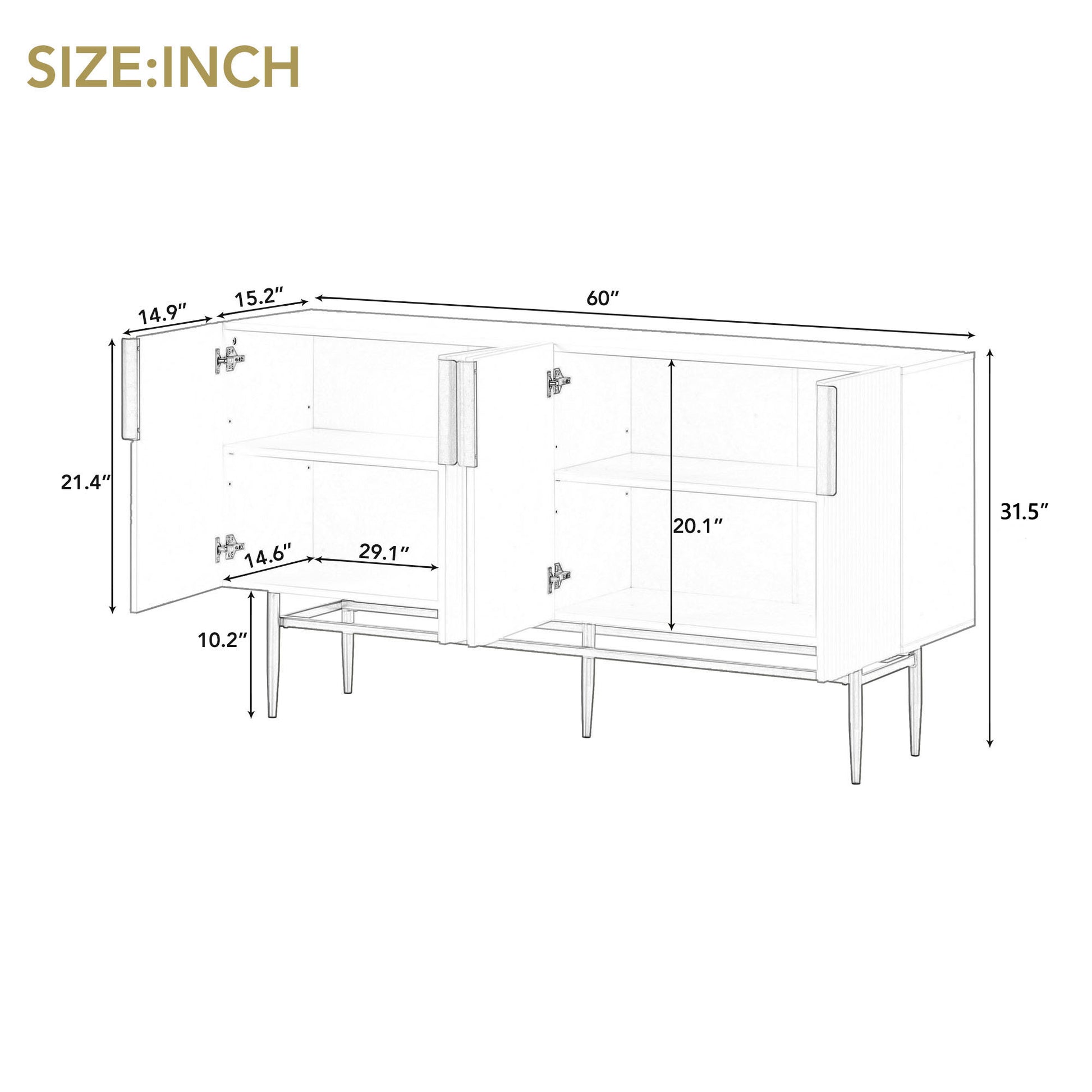 Modern Elegant 4 Door Sideboard Gold Metal Handle Buffet Cabinet For Dining Room, Living Room, Bedroom, Hallway White White Particle Board