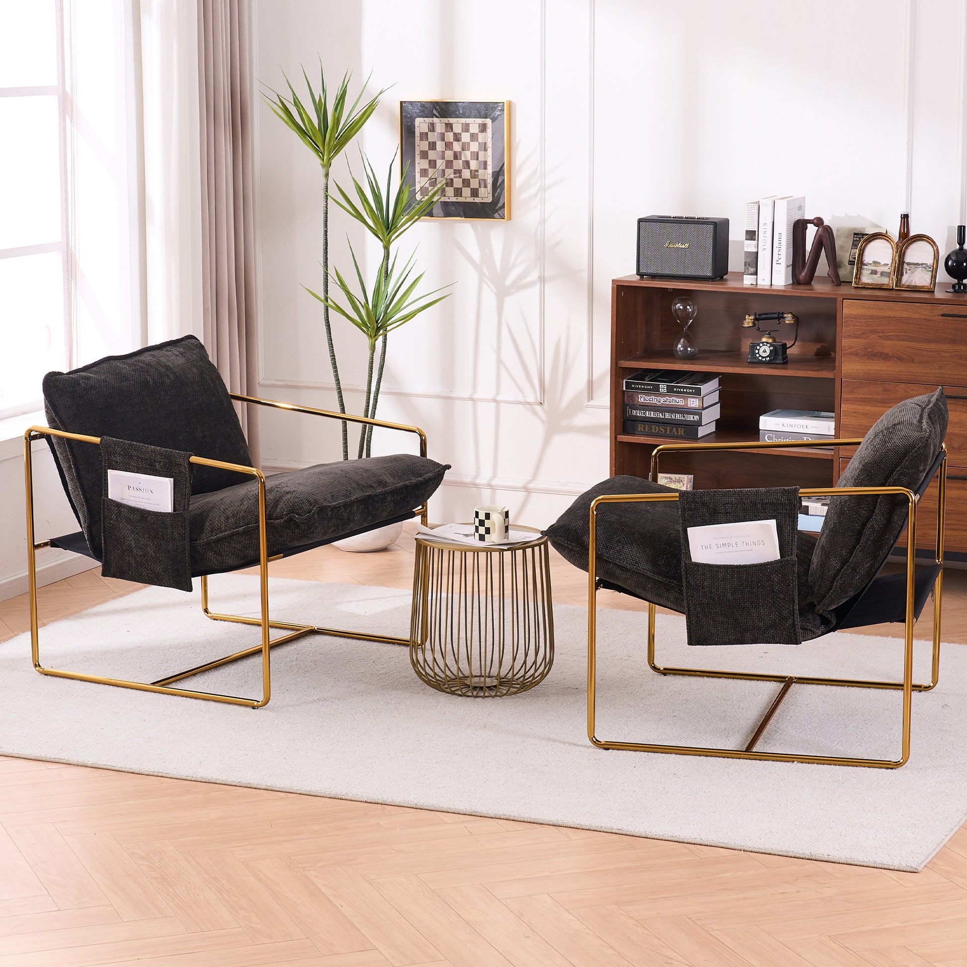 2 Chairs In 1 Box, Upholstered Hanging Armchair With Arm Pocketsmetal Frame, Gold Plated Craftsman, Crushed Foam Cushions And Skin Friendly Woven Fabric For Living Room And Bedroom. Dark Gray Dark Gray Metal
