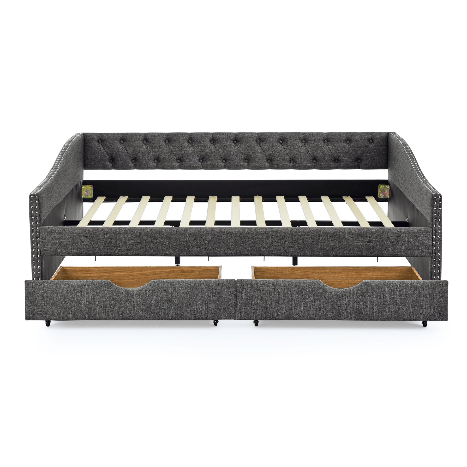 Queen Size Daybed With Drawers Upholstered Tufted Sofa Bed,With Button On Back And Copper Nail On Waved Shape Arms 84.5"X63.5"X26.5" Dark Grey Linen