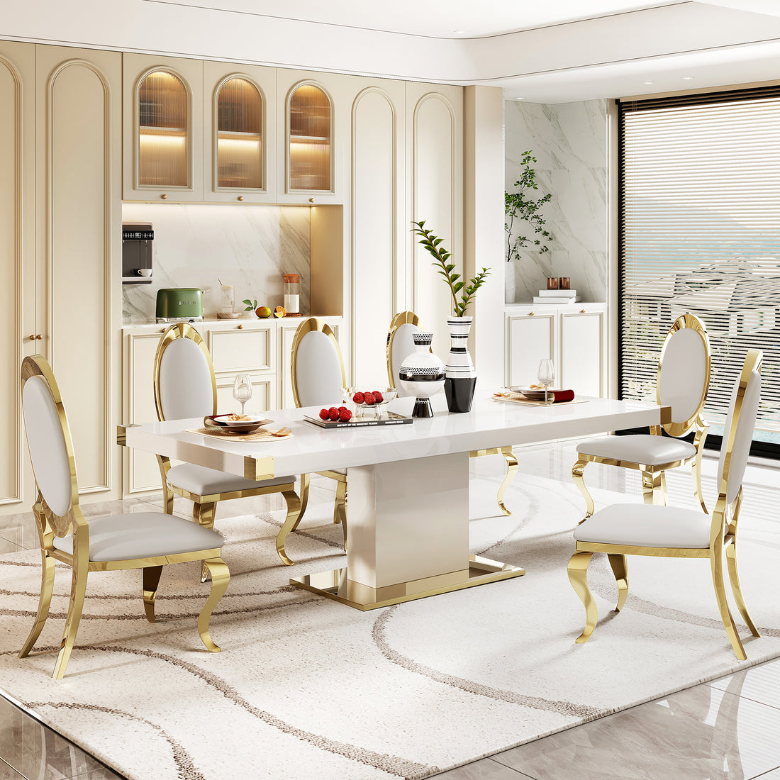 Mdf Top Dining Table With Gold Finish Corner, Mdf Pillar And Gold Finish Stainless Steel Base White Mdf