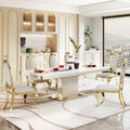 Mdf Top Dining Table With Gold Finish Corner, Mdf Pillar And Gold Finish Stainless Steel Base White Mdf