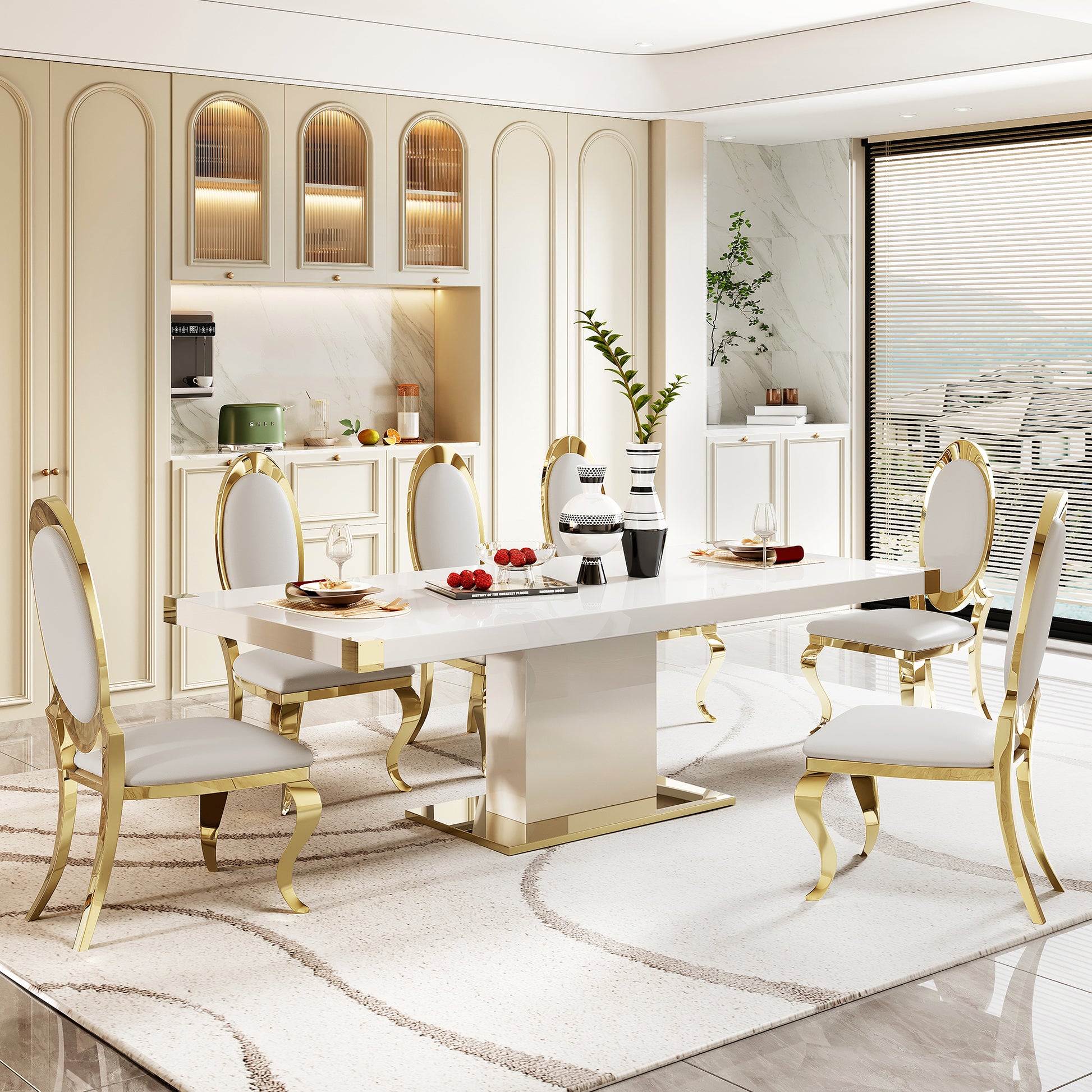 Mdf Top Dining Table With Gold Finish Corner, Mdf Pillar And Gold Finish Stainless Steel Base White Mdf