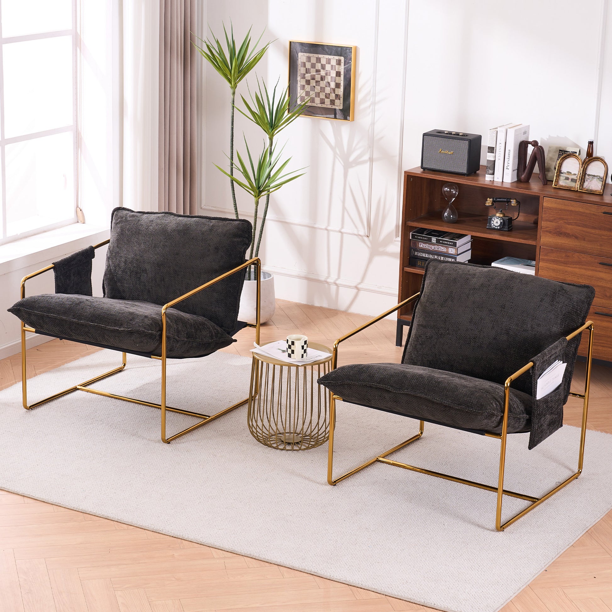 2 Chairs In 1 Box, Upholstered Hanging Armchair With Arm Pocketsmetal Frame, Gold Plated Craftsman, Crushed Foam Cushions And Skin Friendly Woven Fabric For Living Room And Bedroom. Dark Gray Dark Gray Metal