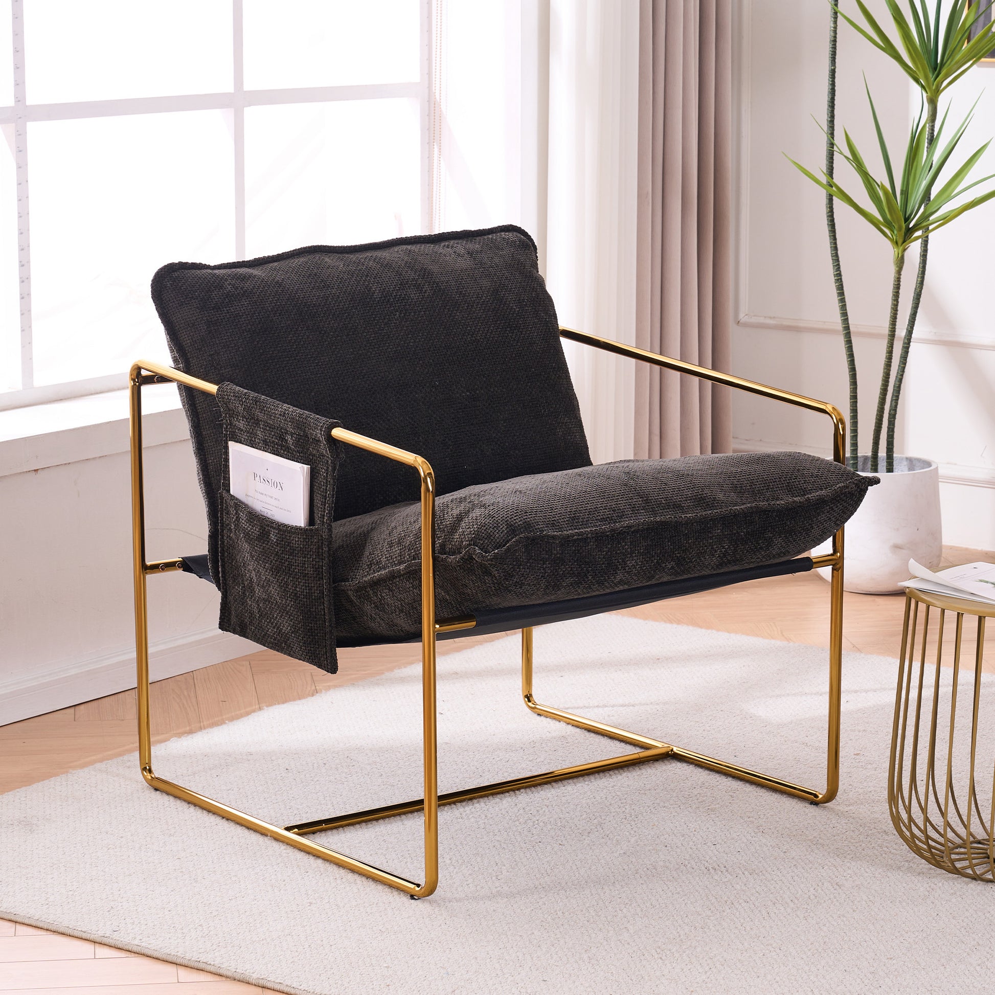 2 Chairs In 1 Box, Upholstered Hanging Armchair With Arm Pocketsmetal Frame, Gold Plated Craftsman, Crushed Foam Cushions And Skin Friendly Woven Fabric For Living Room And Bedroom. Dark Gray Dark Gray Metal