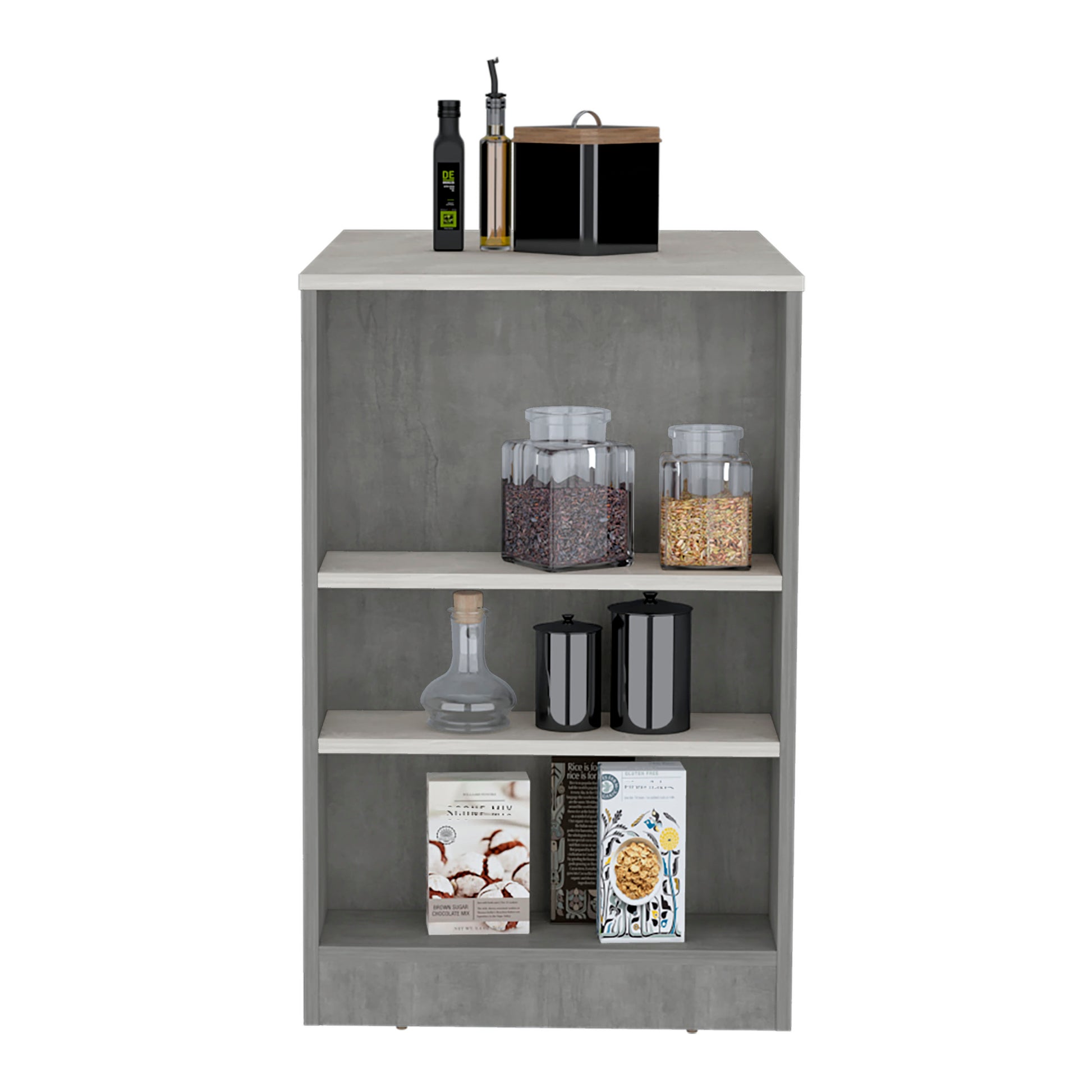 Kitchen Island, Kitchen Bar Table 36" H, 3 Side Shelves, Concrete Gray Ibiza Marble Color Finish Grey Multi Particle Board Pine