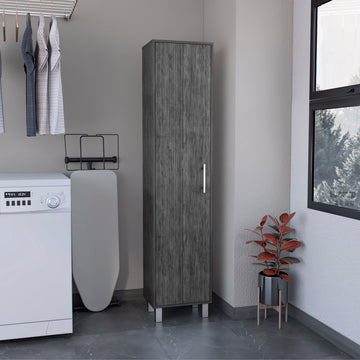 70.8H" Tall Narrow Storage Cabinet With 5 Tier Shelf, 3 Broom Hangers And Metal Hardware, Smokey Oak Oak Particle Board Pine