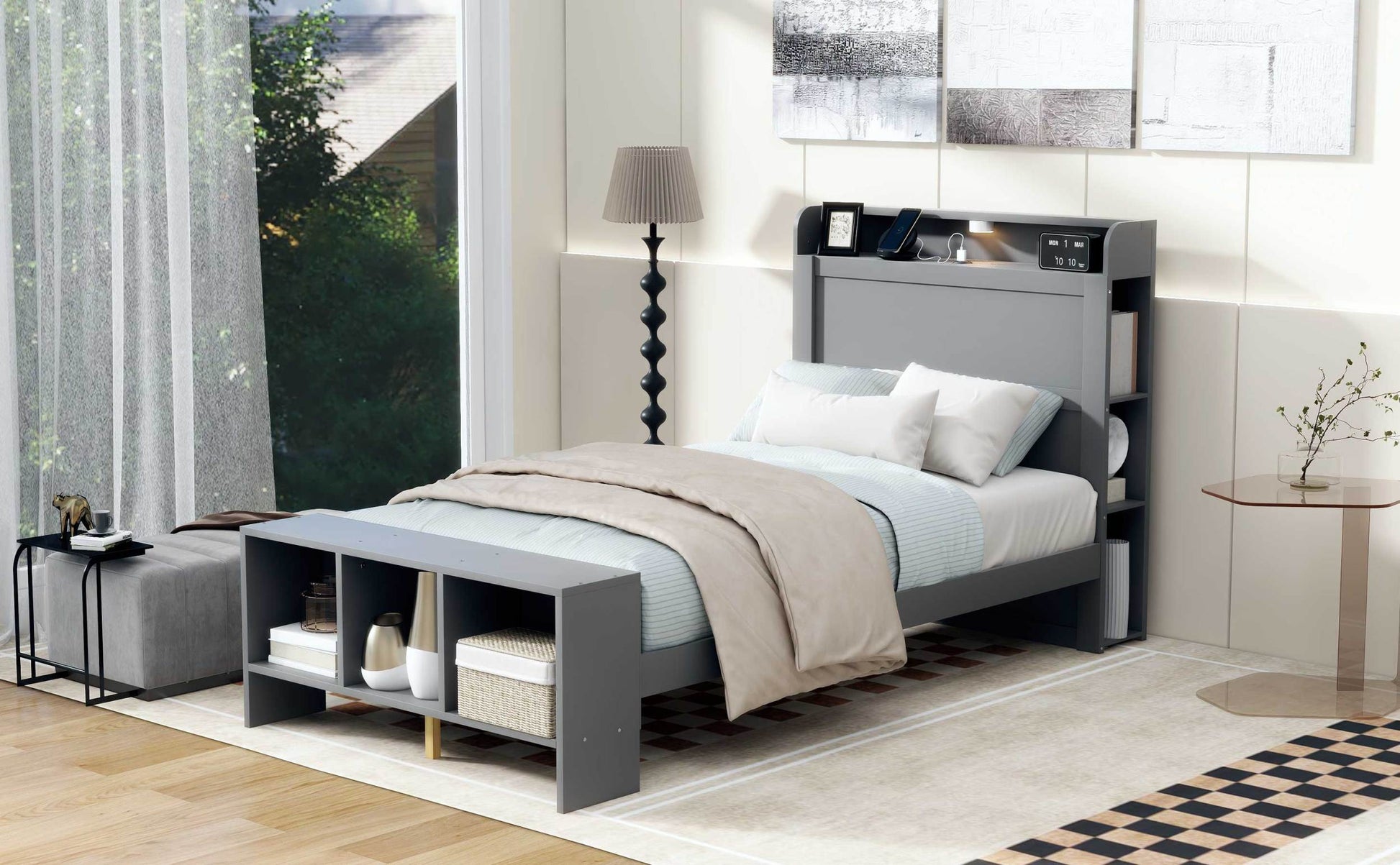 Twin Size Platform Bed With Built In Shelves, Led Light And Usb Ports, Gray Gray Mdf Lvl