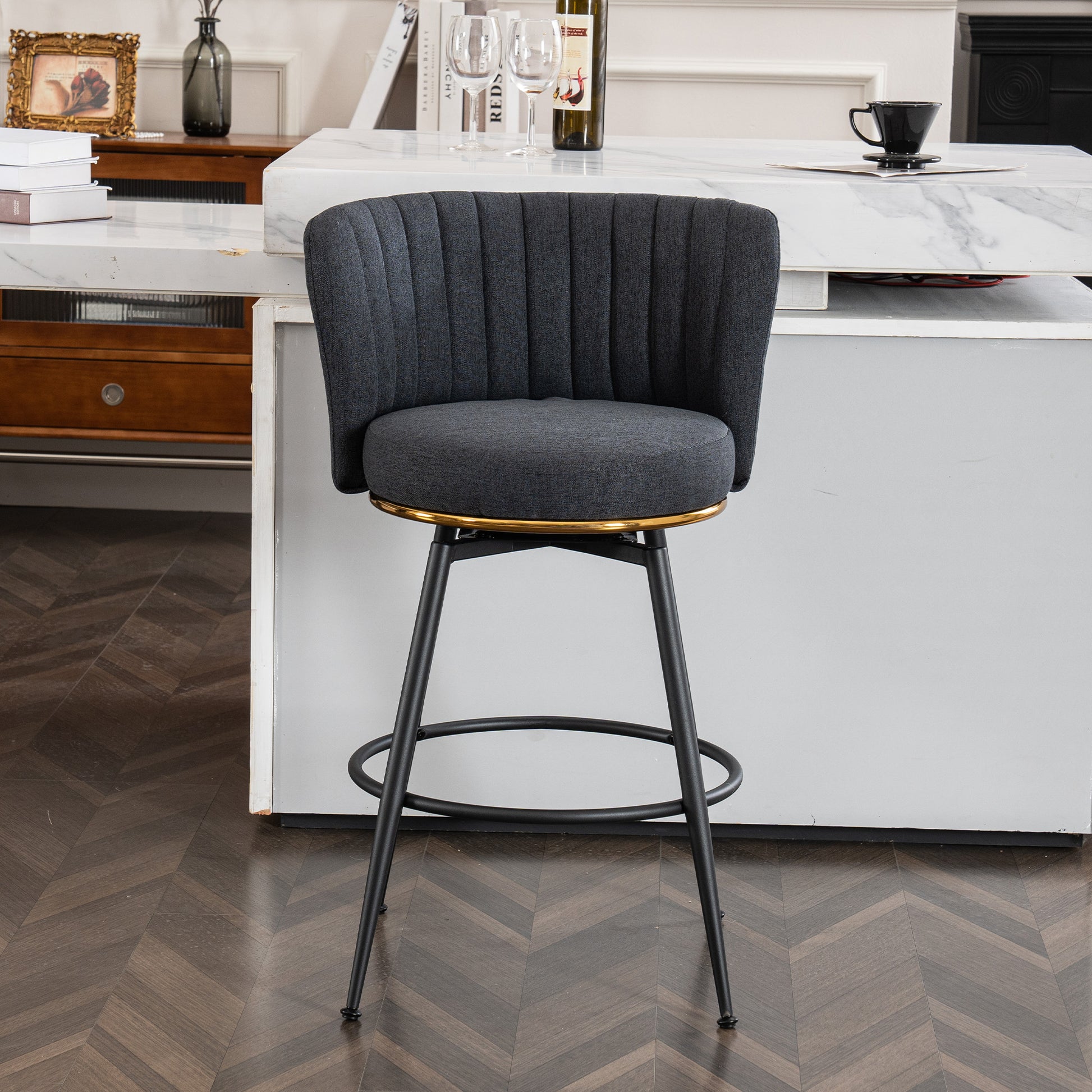 Set Of 2 Gray Swivel Bar Stools High Back, Adjustable, Upholstered With Elegant Metal Back Accents For Kitchen, Bar, Or Dining Room Dark Gray Metal