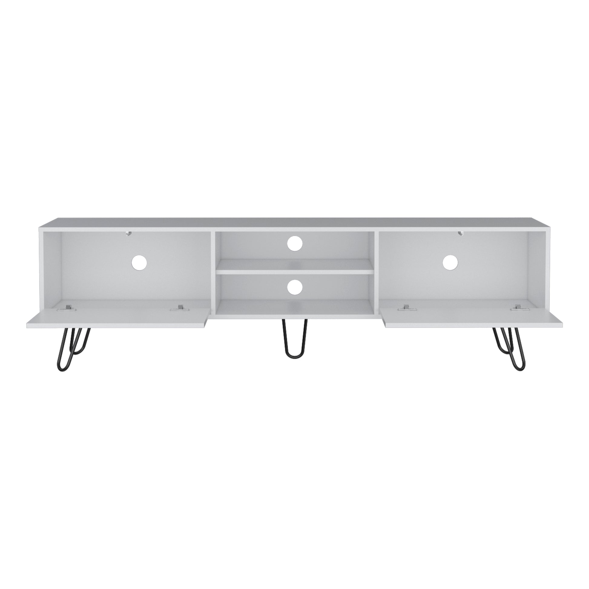 Waco Tv Rack, Hairpin Stand With Spacious Storage And Cable Management Holes, White White 50 59 Inches Particle Board Pine