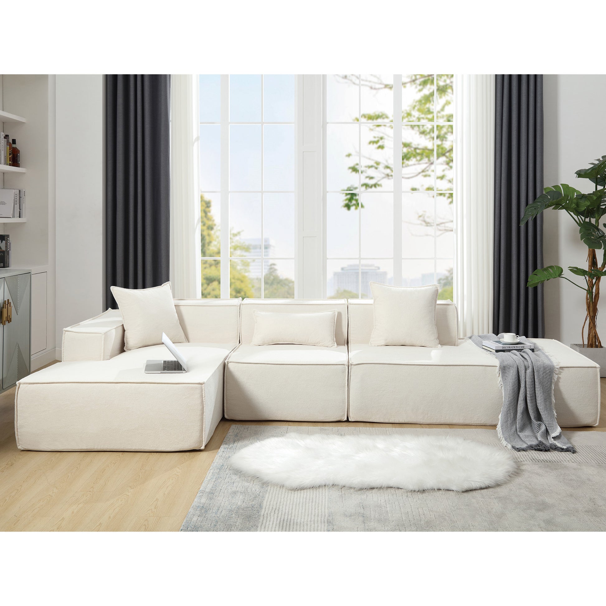 Modular Combination Living Room Sofa Set, Modern Minimalist Sofa, Free Installation Sofa, L Shaped, Italian Minimalist Tofu Block Sofa, Left Hand Facing,Terrycloth Fabricbeige Beige Polyester Primary Living Space Soft Modern Polyester 3 Seat