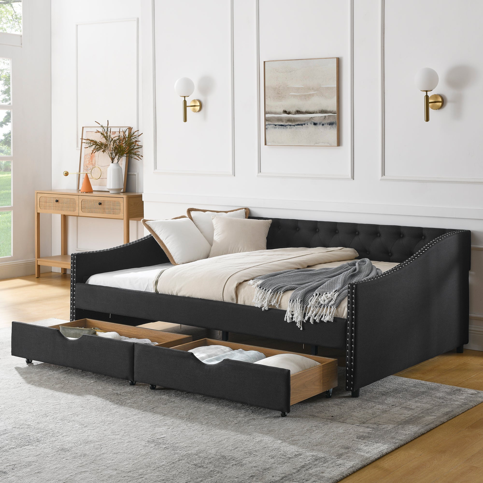 Full Size Daybed With Drawers Upholstered Tufted Sofa Bed, With Button On Back And Copper Nail On Waved Shape Arms 80.5''X55.5''X27.5'' Black Linen