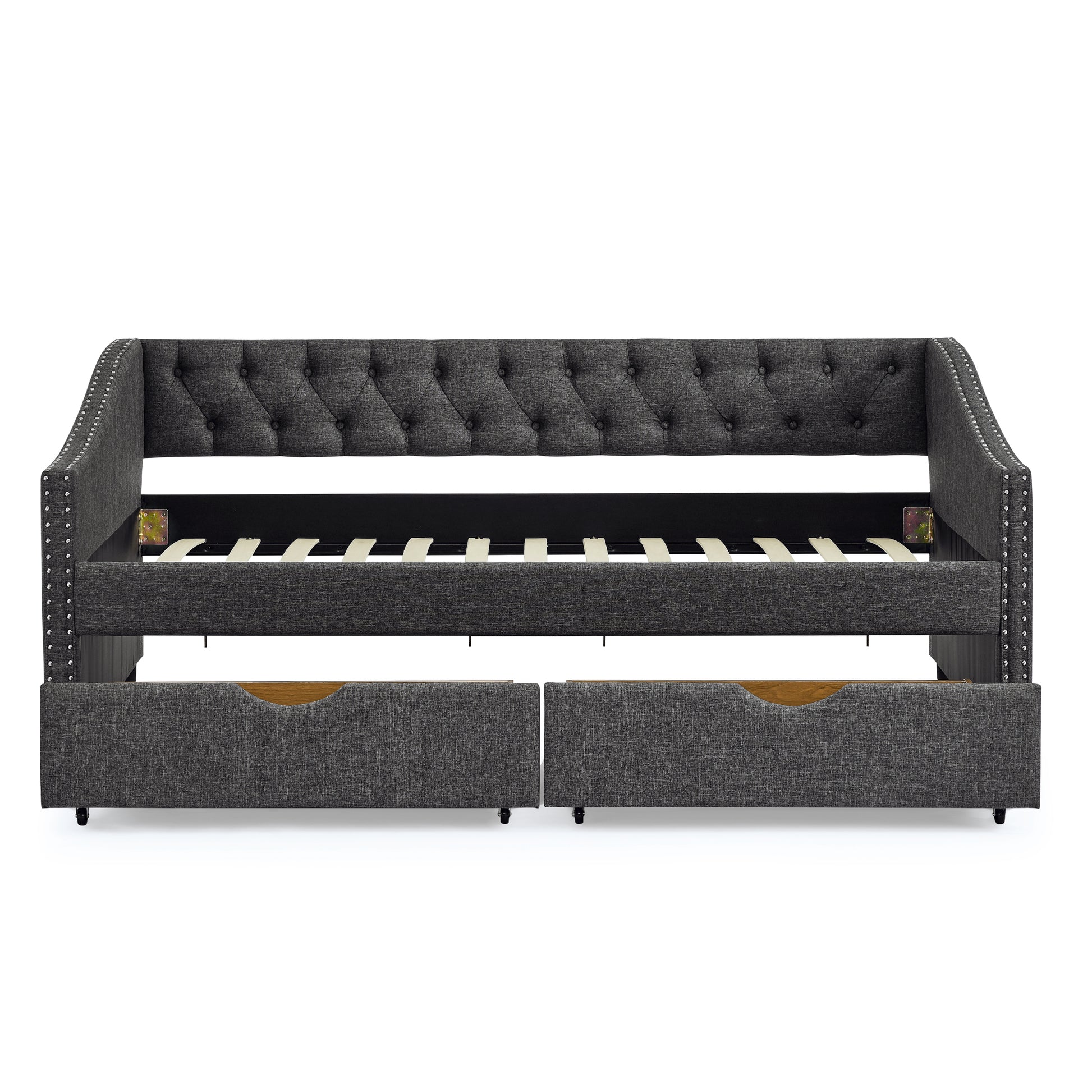 Twin Size Daybed With Drawers Upholstered Tufted Sofa Bed, With Button On Back And Copper Nail On Waved Shape Arms 81.5''X4''X30.5'' Dark Grey Linen